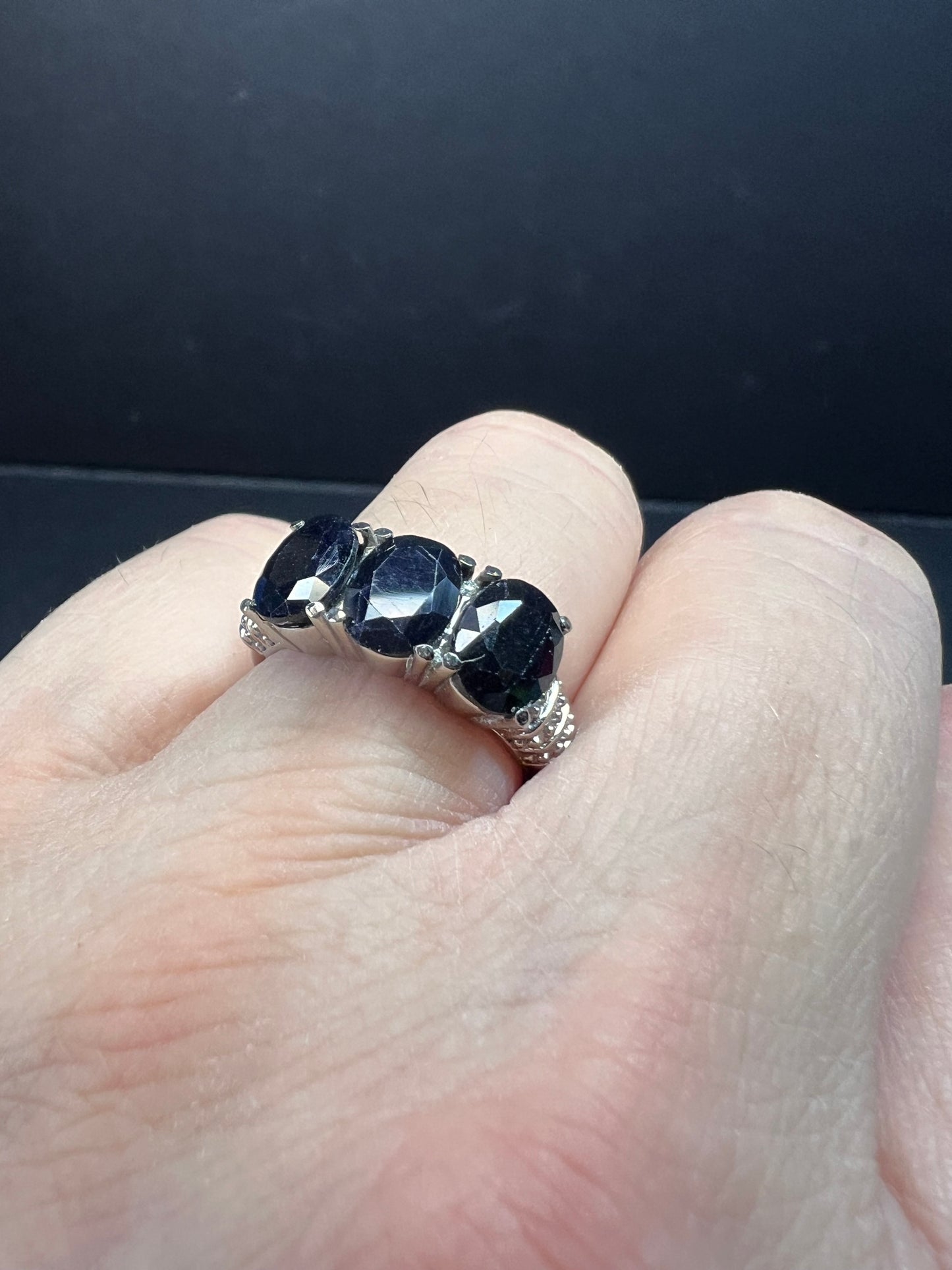 NEW midnight sapphire three stone ring in stainless steel size 7