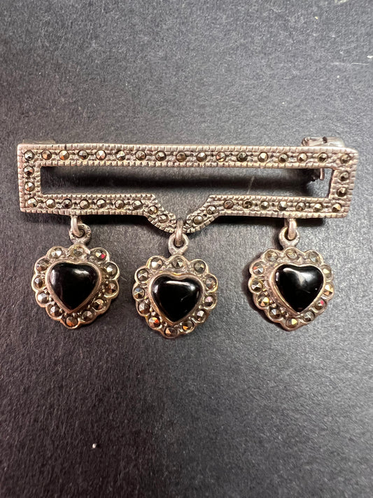 Vintage black onyx hearts and marcasite sterling silver pin brooch