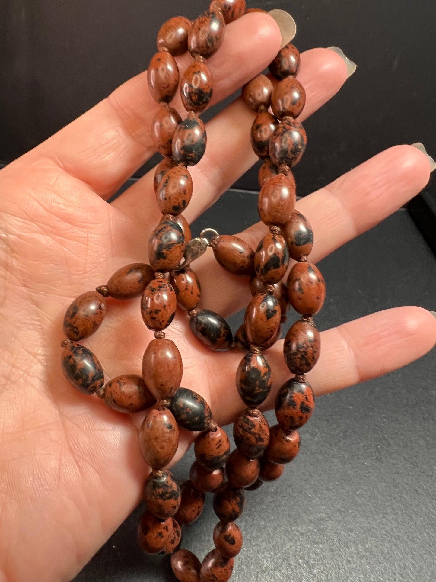 NEW Mahogany obsidian knotted 36 inch necklace with sterling silver clasp