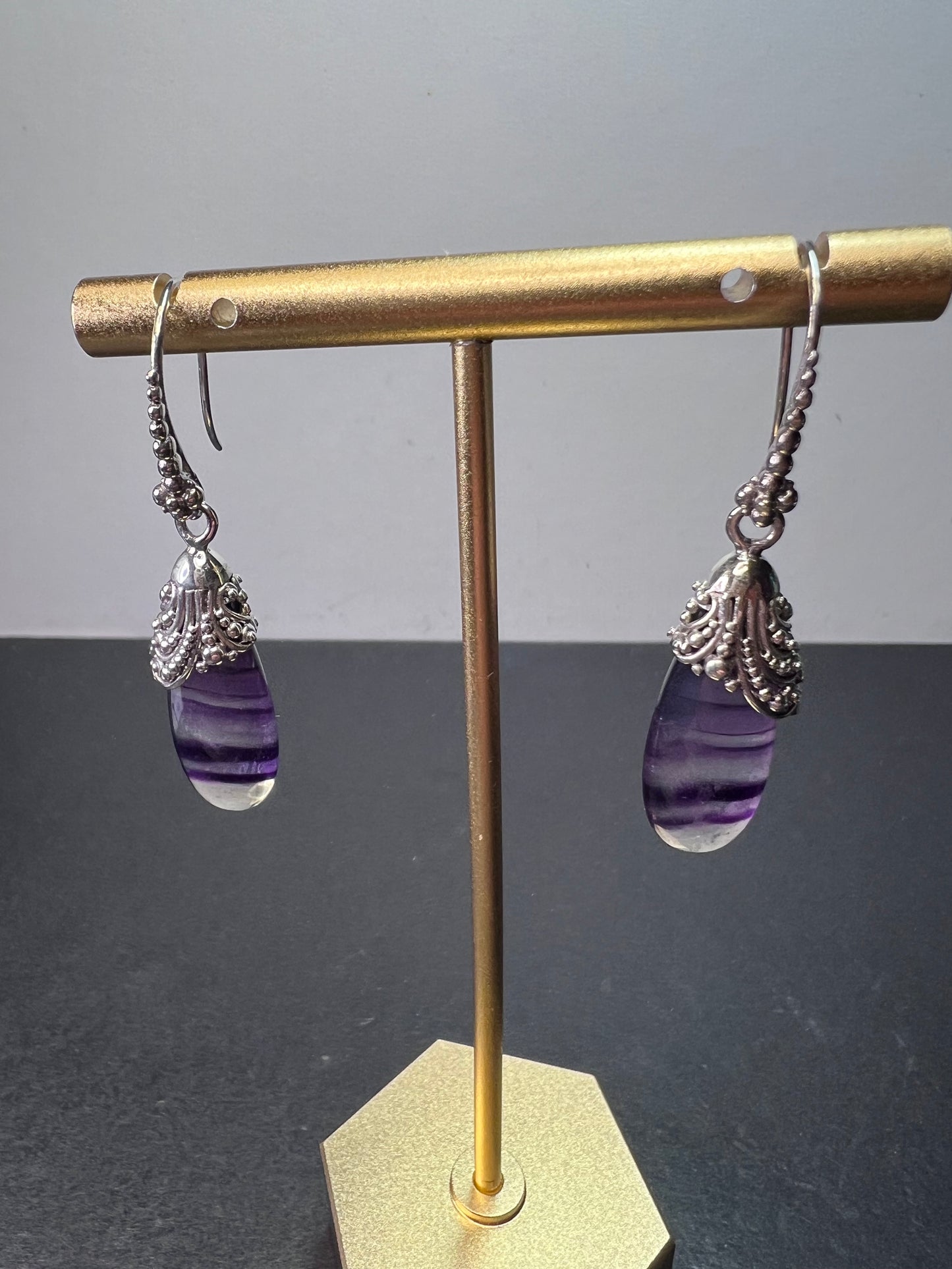 *NEW* SARDA fluorite teardrop Bali sterling silver dangle earrings