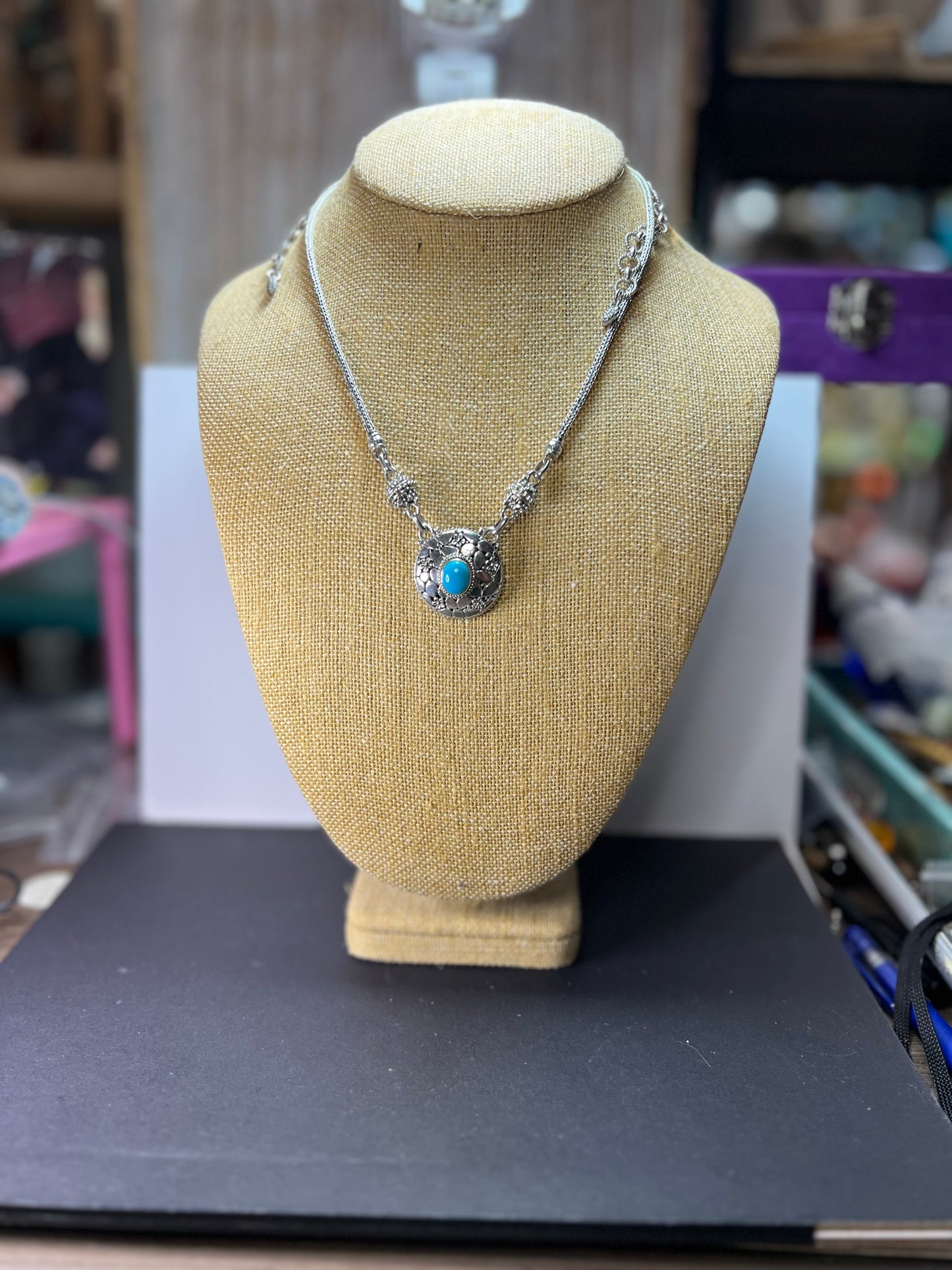 Sarda vintage turquoise Sterling silver Byzantine station 2 clasp adjustable necklace 16-25 inches