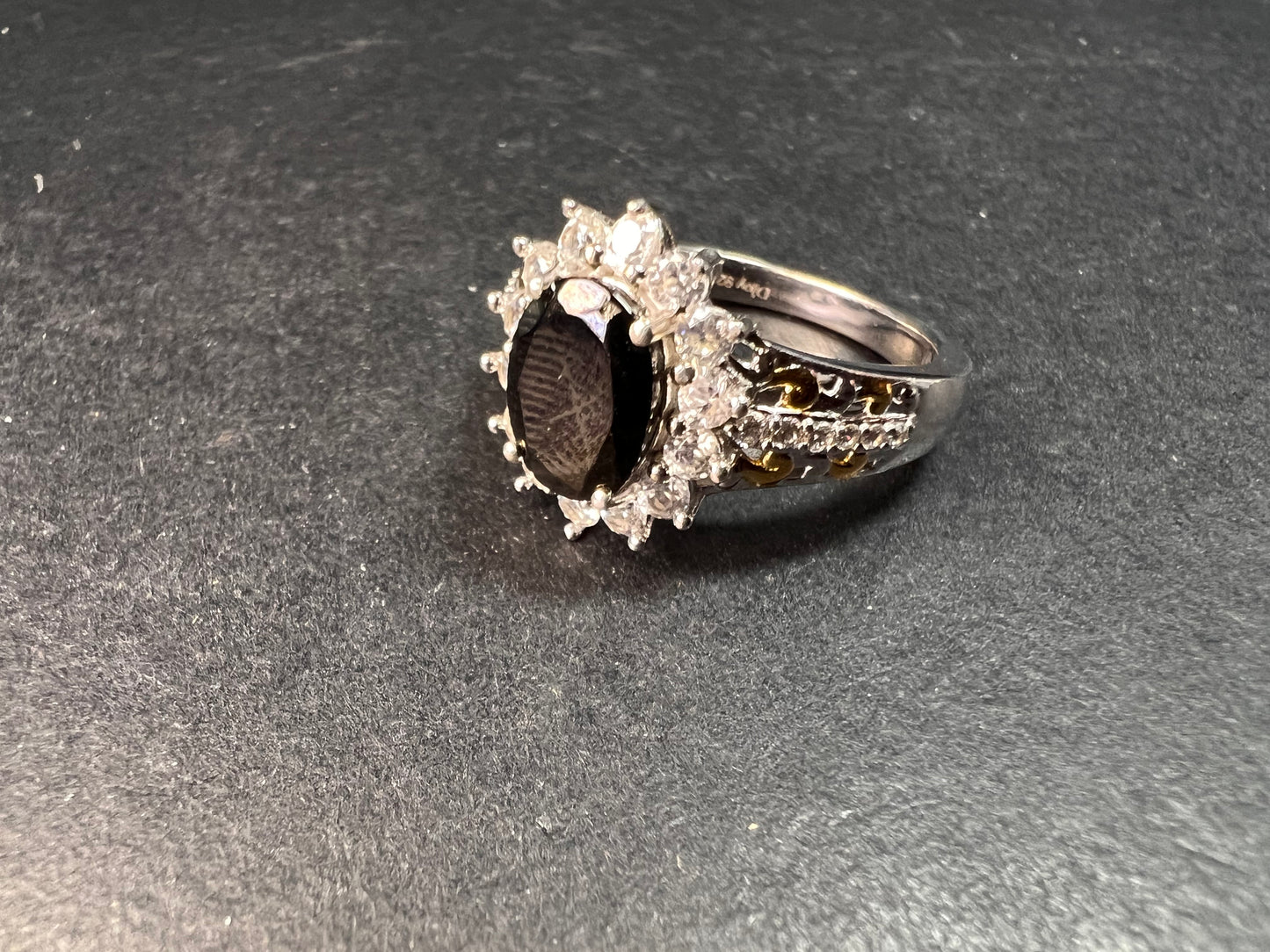 NEW Elite Shungite and zircon halo ring in vermeil and rhodium over sterling silver size 8