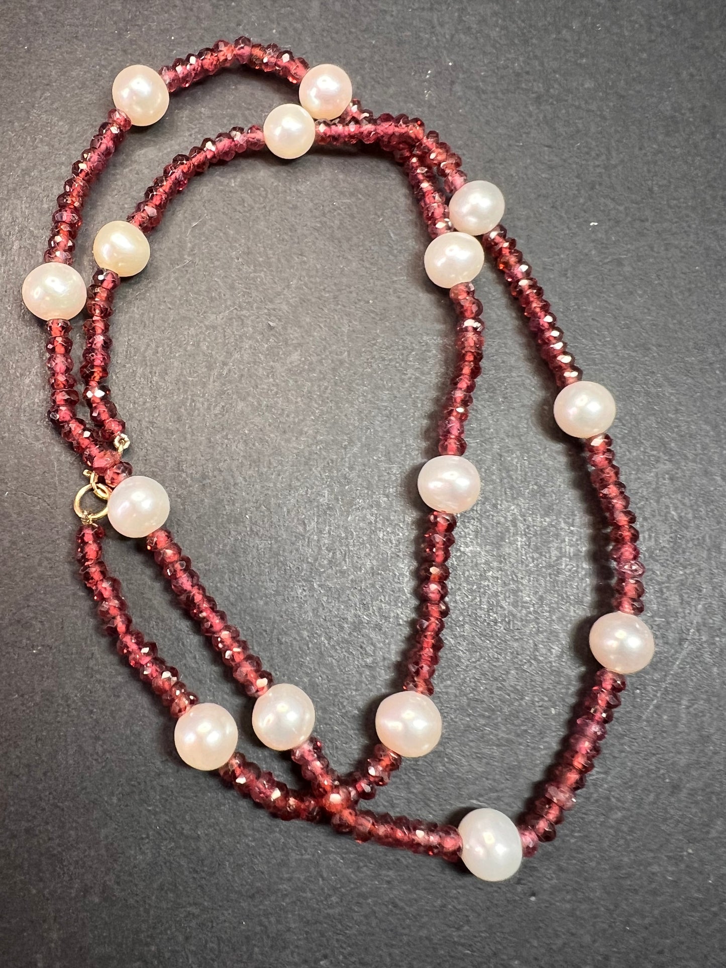 14k gold clasp garnet and pearl station necklace 18 inches