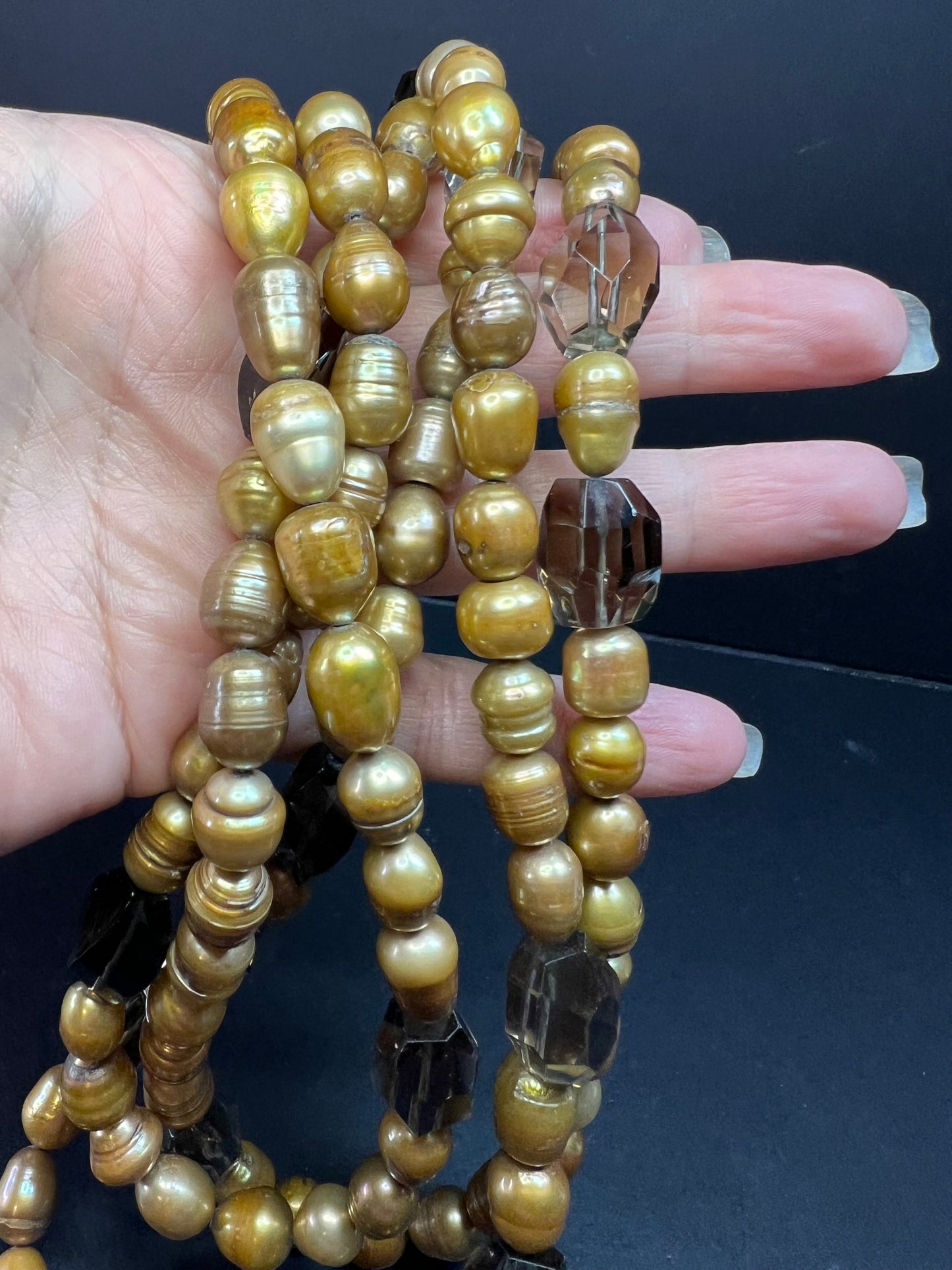 NEW smoky quartz and pearl multi strand necklace with sterling silver clasp