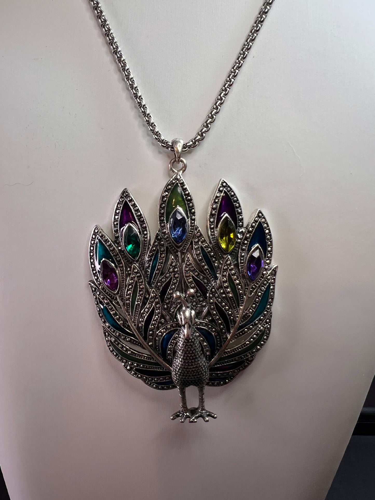 Vintage enameled and jeweled peacock pendant costume jewelry necklace