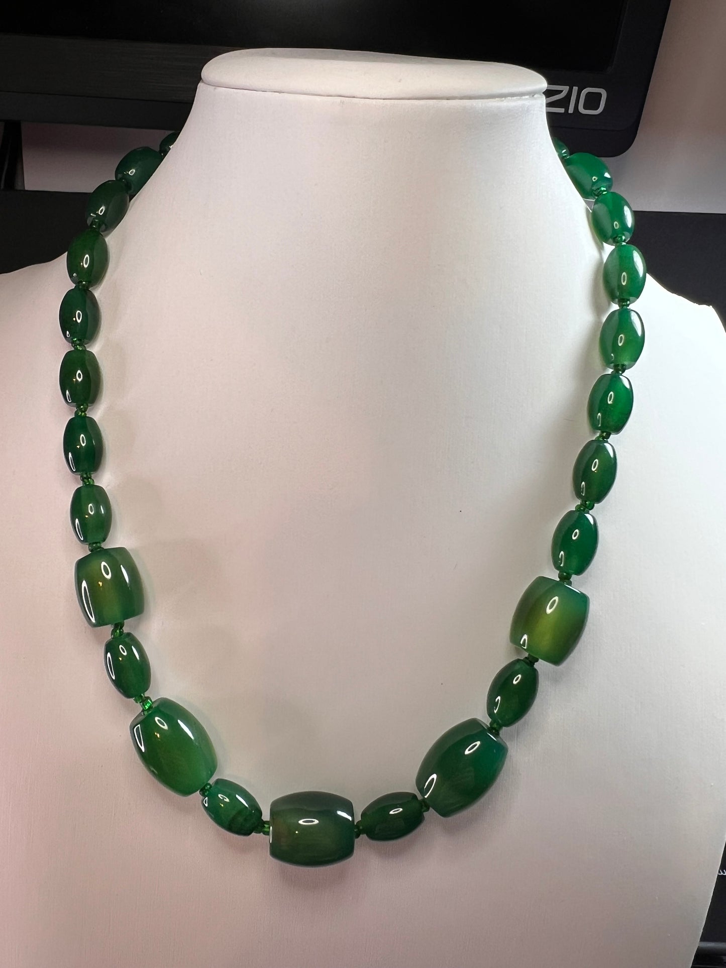 Green onyx beaded necklace with sterling silver toggle clasp