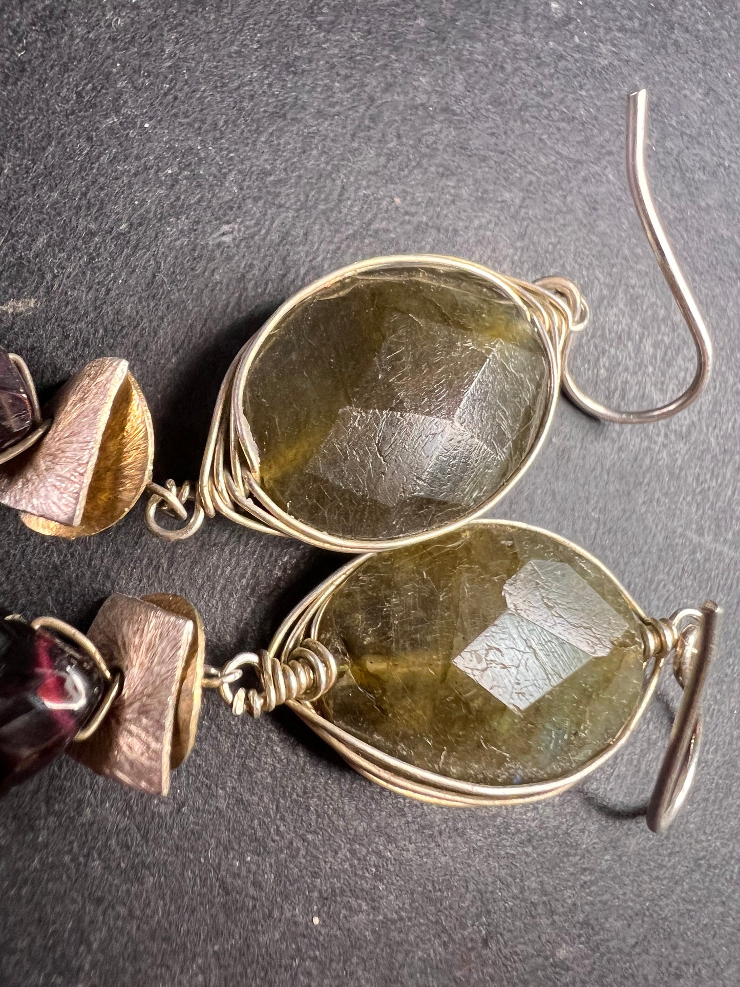 Labradorite and rhodolite garnet sterling silver dangle earrings