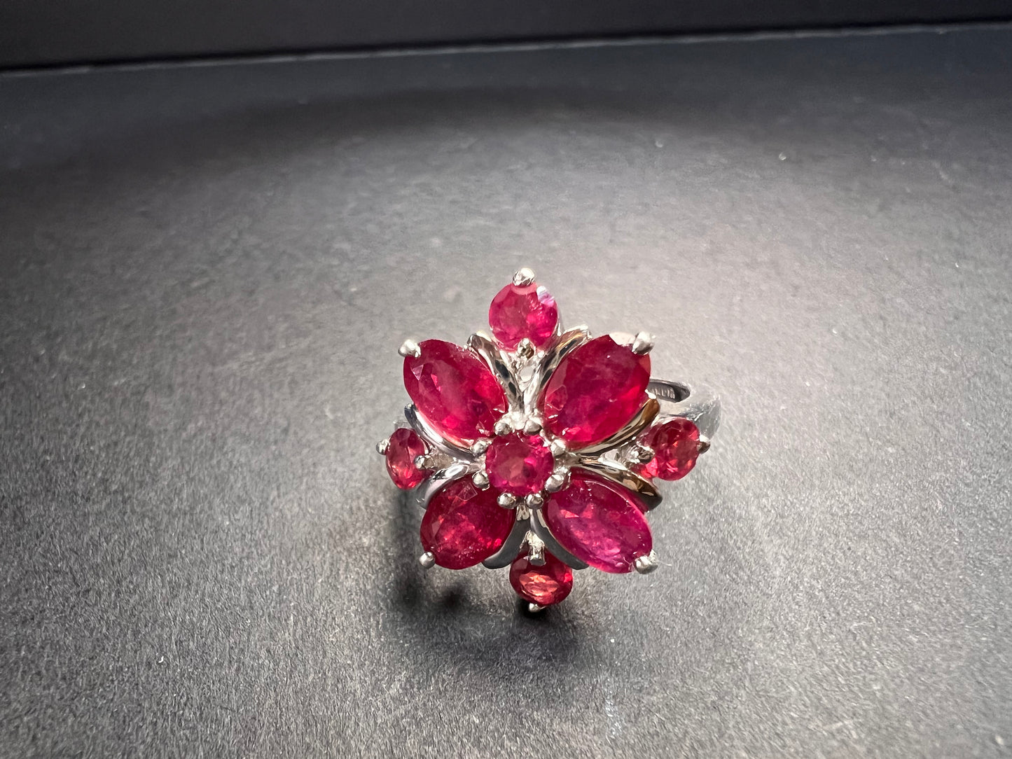 Vintage ruby flower cluster sterling silver ring size 7