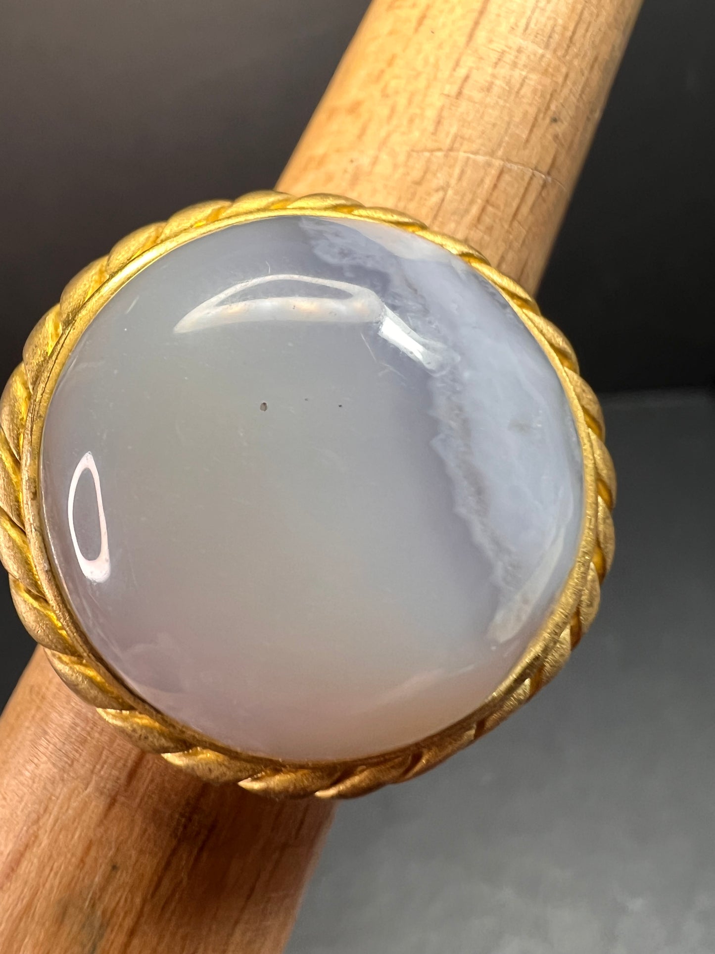 Glow By Sheila Fajl Signed Blue Agate Ring brushed 18kt Plated size 7