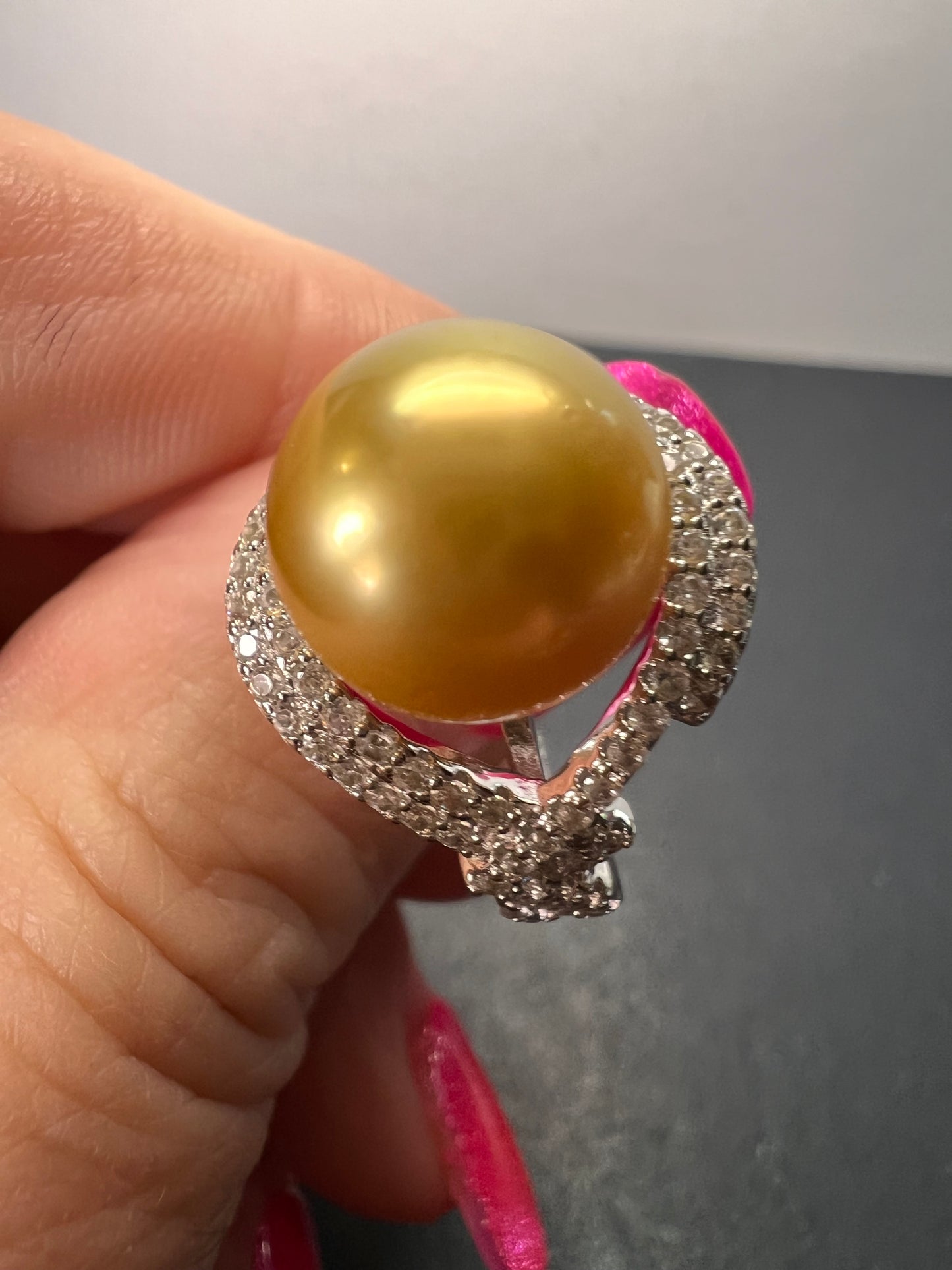 Natural Color Deep Gold 11mm Golden South Sea Cultured Pearl and Zircon ring in rhodium over Sterling silver size 9