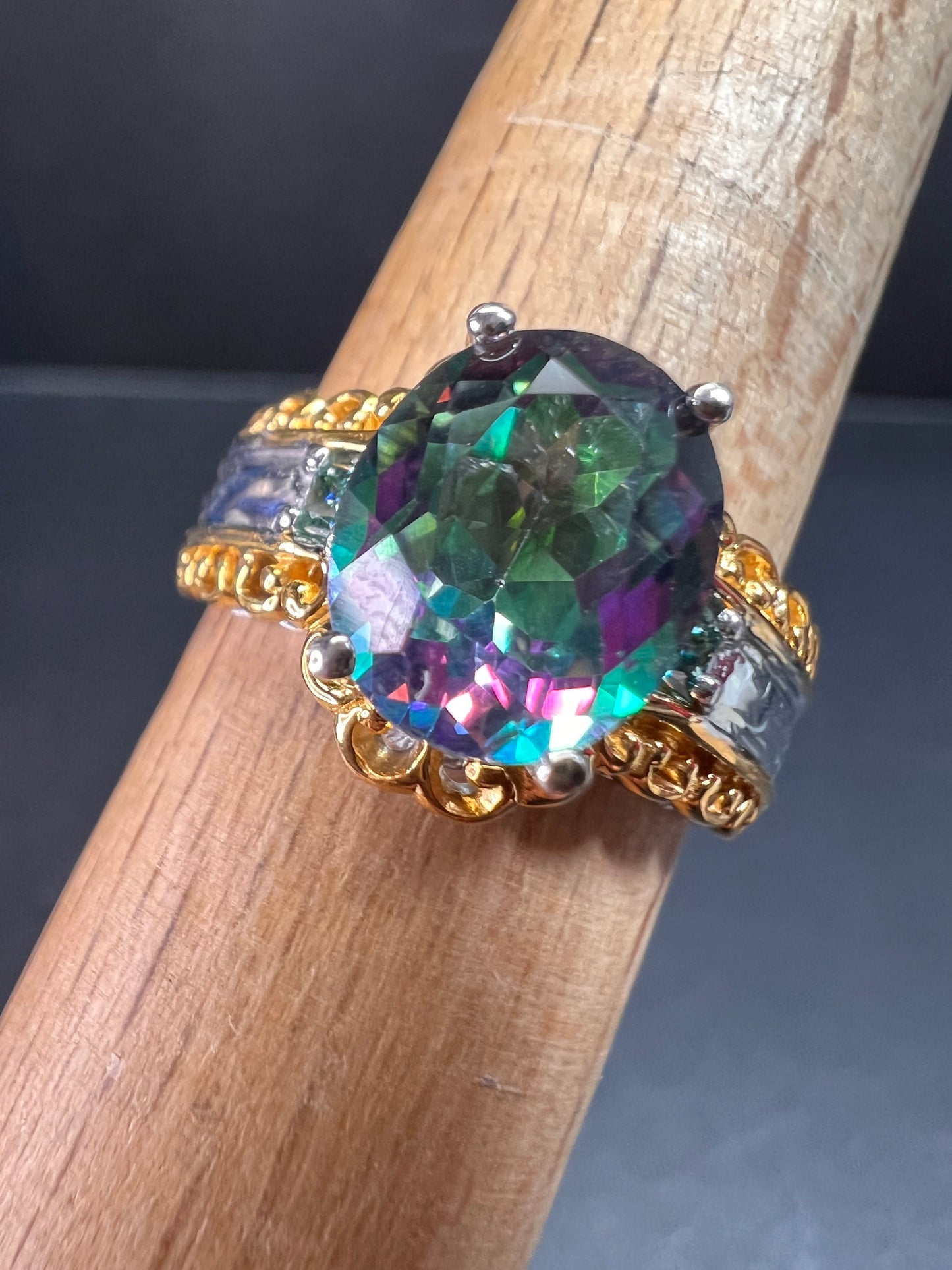NEW green mystic topaz two toned sterling silver ring size 7