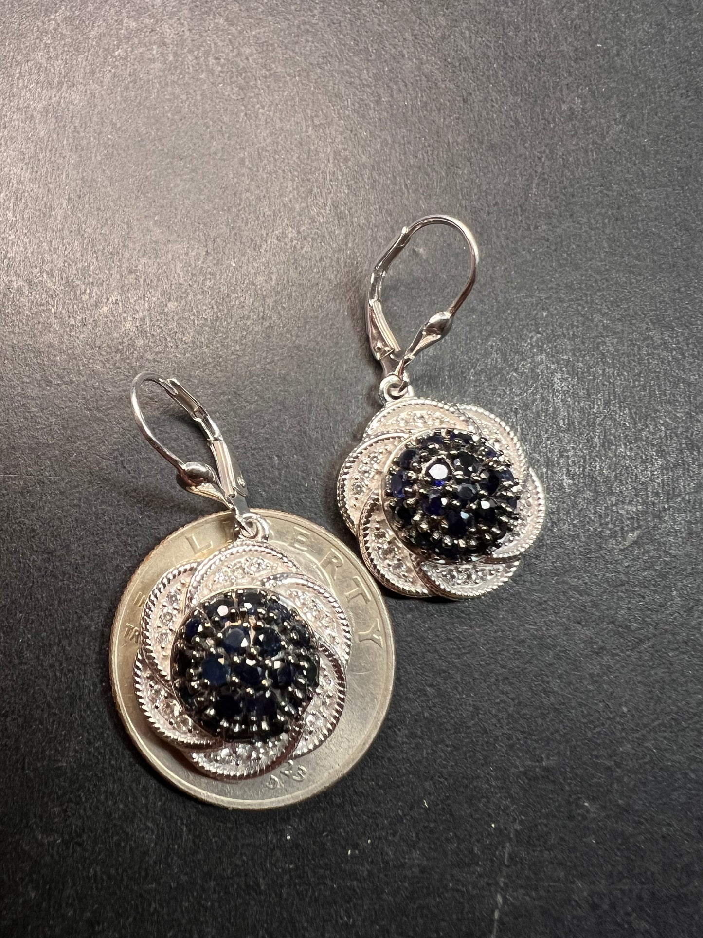 NEW blue sapphire and zircon galaxy halo earrings in rhodium over sterling silver