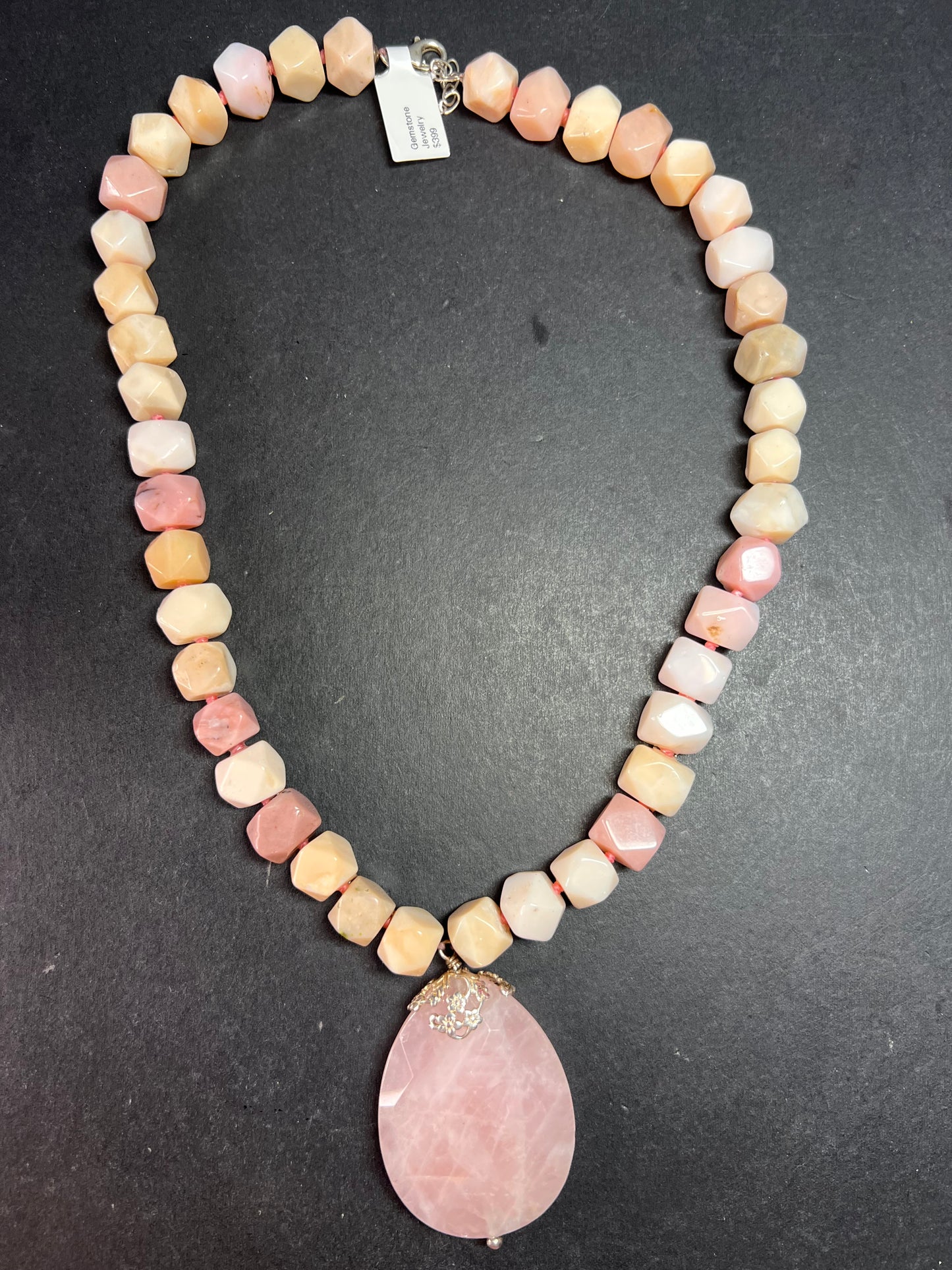 NEW pink opal and rose quartz Sterling silver necklace