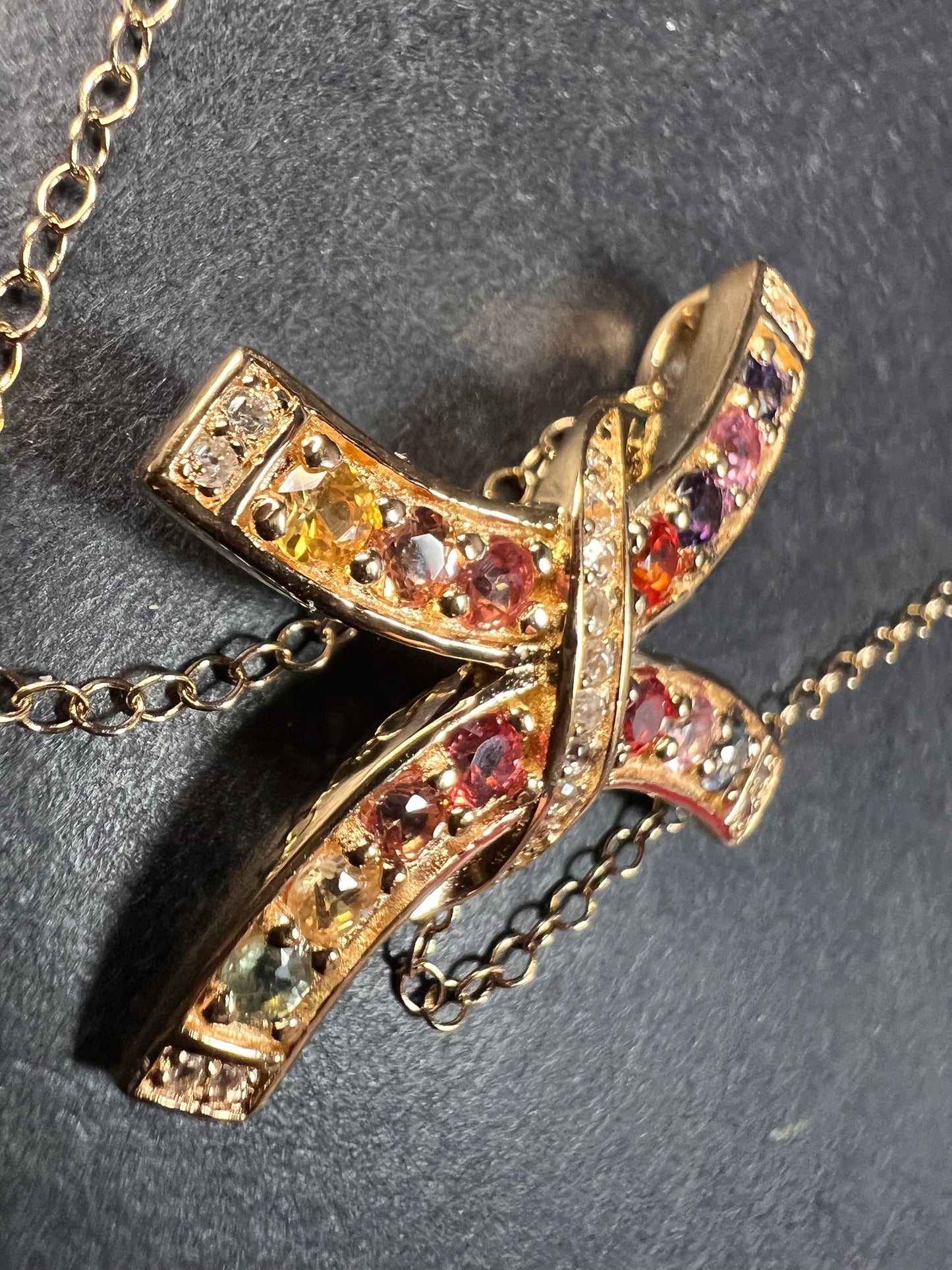 NEW Rainbow sapphire curved cross pendant and chain in gold vermeil over sterling silver