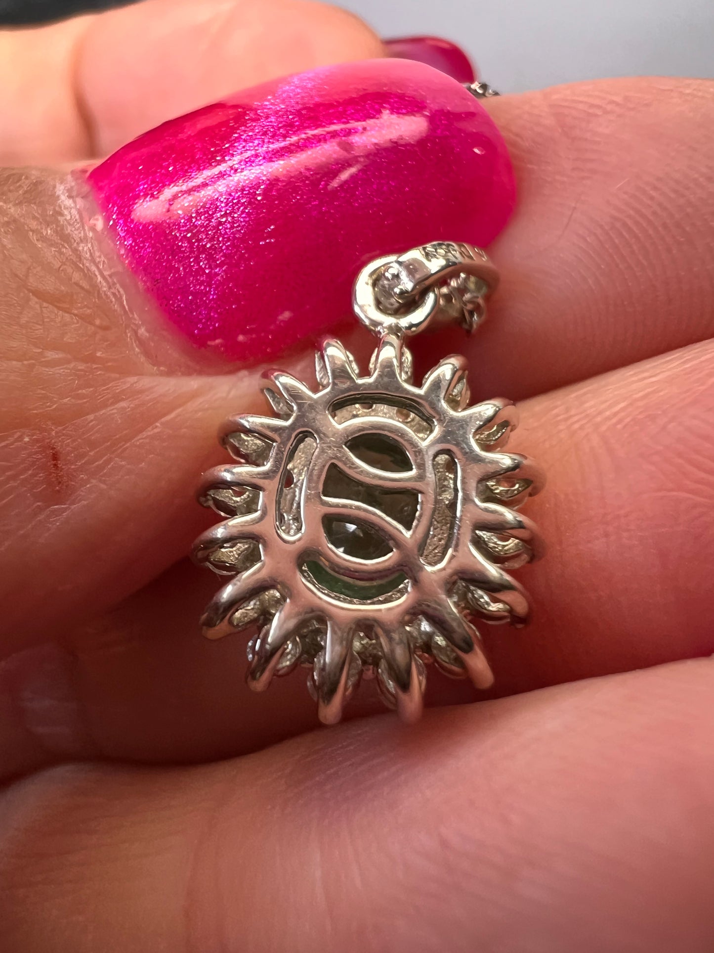 Zambian Emerald and White Zircon Sunburst Pendant Necklace 18 Inches in Platinum Over Sterling Silver 1.50 ctw