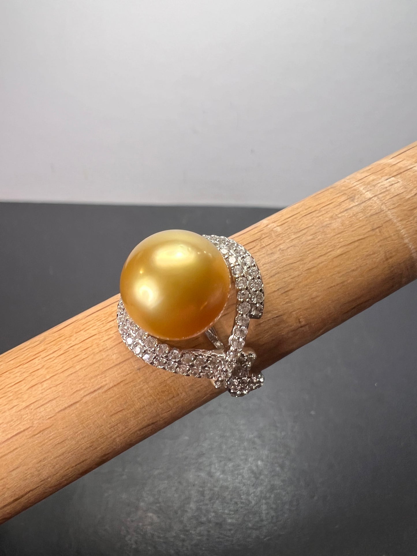 Natural Color Deep Gold 11mm Golden South Sea Cultured Pearl and Zircon ring in rhodium over Sterling silver size 9