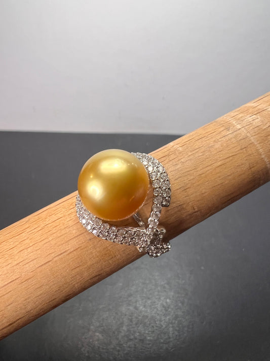 Natural Color Deep Gold 11mm Golden South Sea Cultured Pearl and Zircon ring in rhodium over Sterling silver size 9