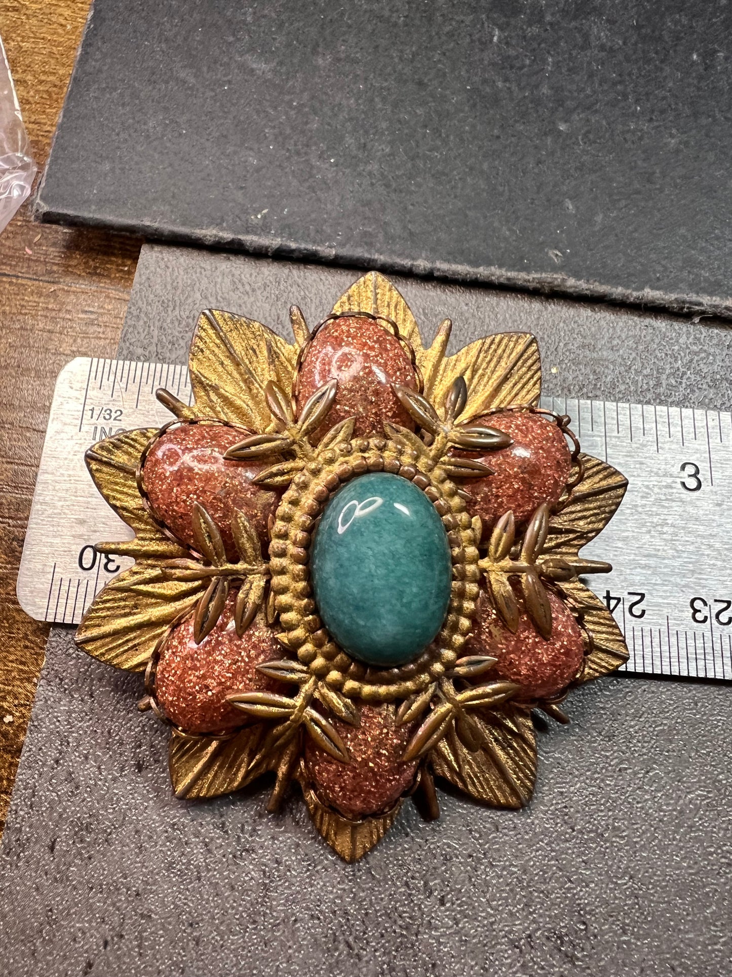 Vintage DeNicola Style Floral Brooch Gold Tone Faux Turquoise Glitter Cab