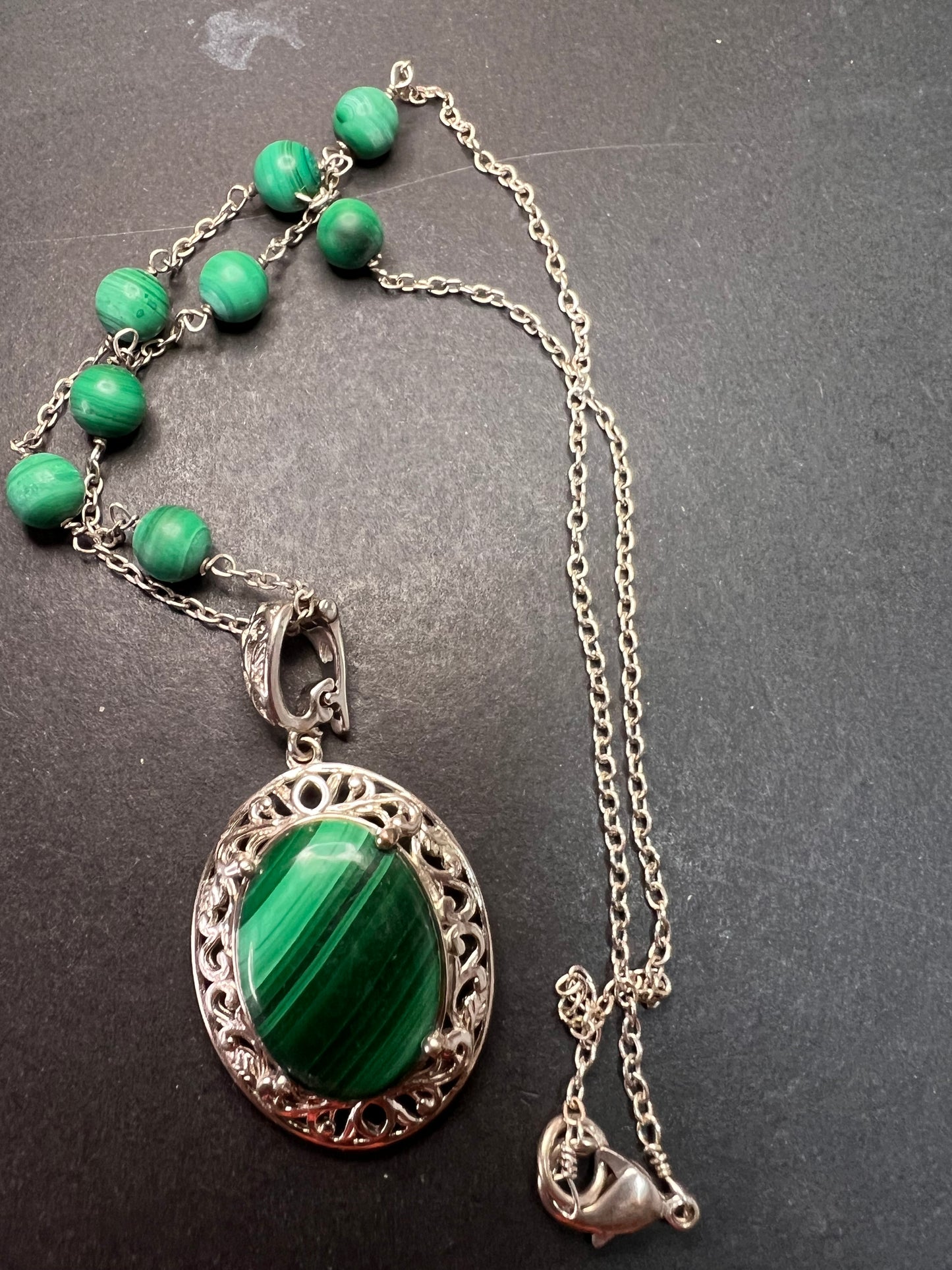 Karis African malachite 18 inch necklace in platinum bond