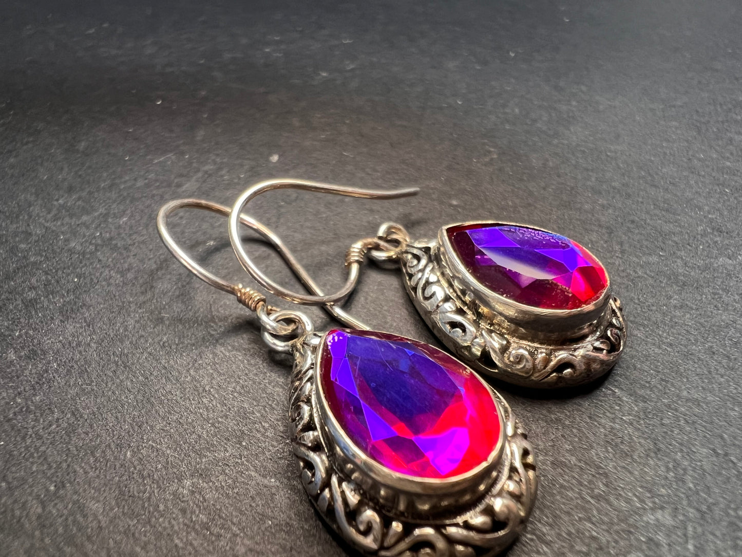 Volcanic Quartz Bali style sterling silver teardrop earrings