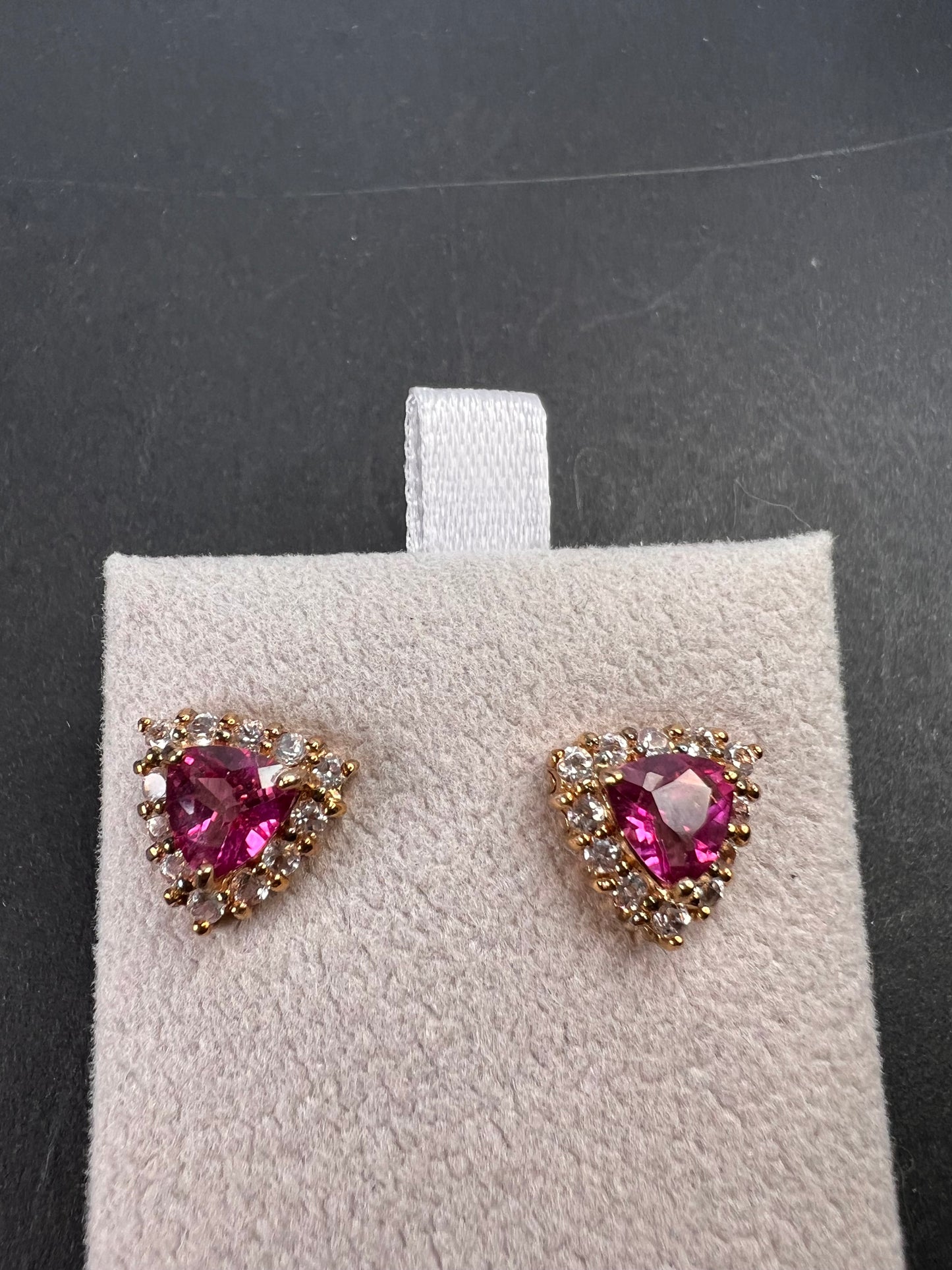 Pink topaz and zircon halo stud earrings in 18k rose gold over sterling silver