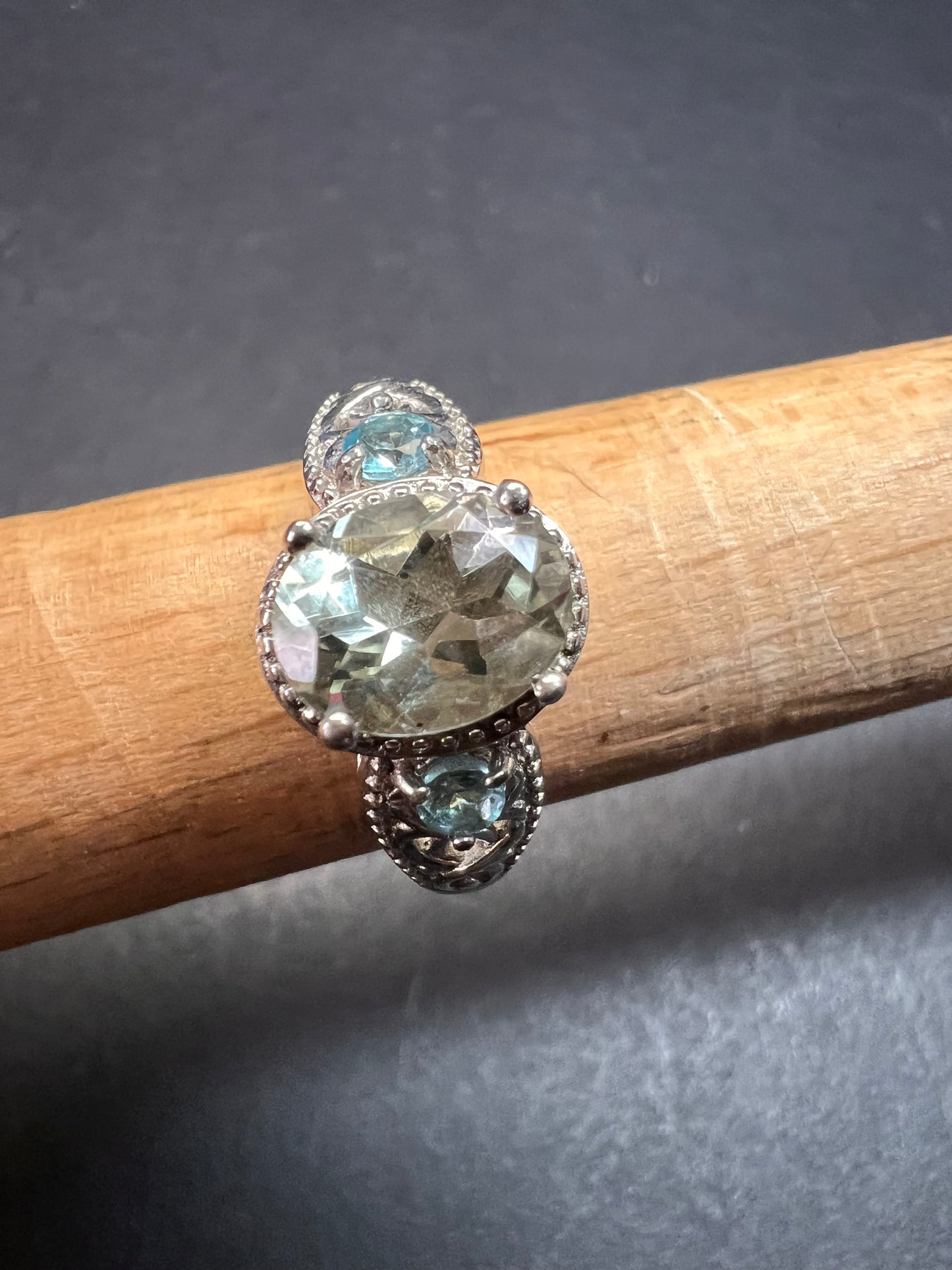 Prasiolite and apatite ring in platinum over copper size 8