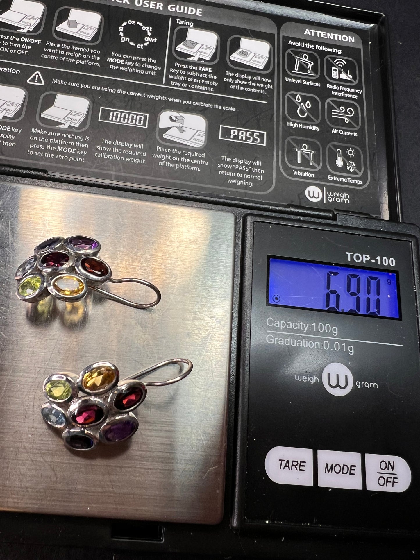 Vintage multi gemstone cluster boho earrings in sterling silver