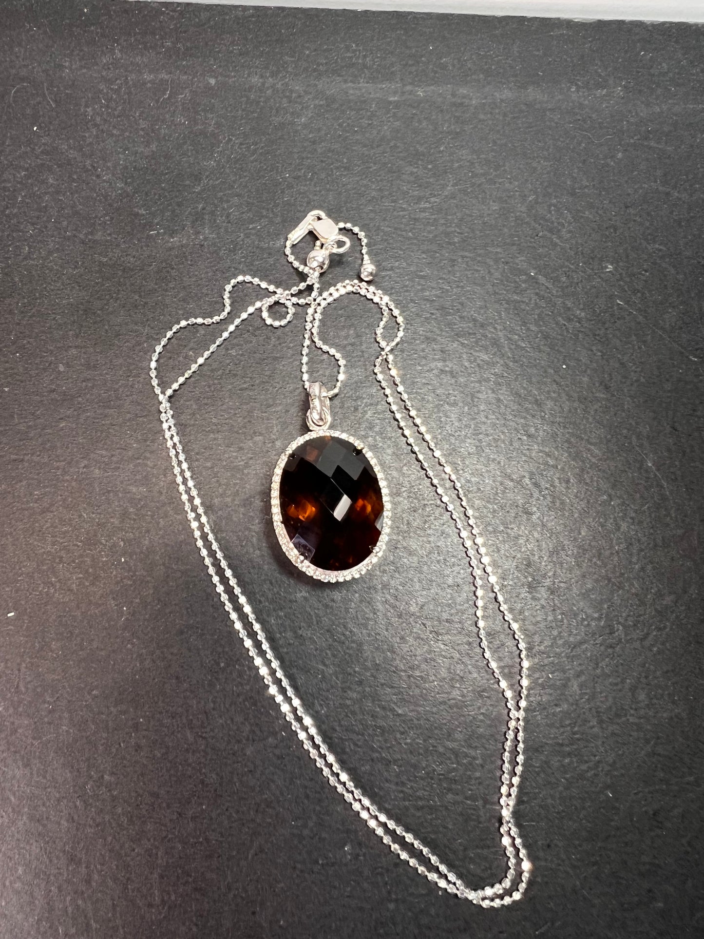 Cognac Quartz sterling silver halo pendant and chain