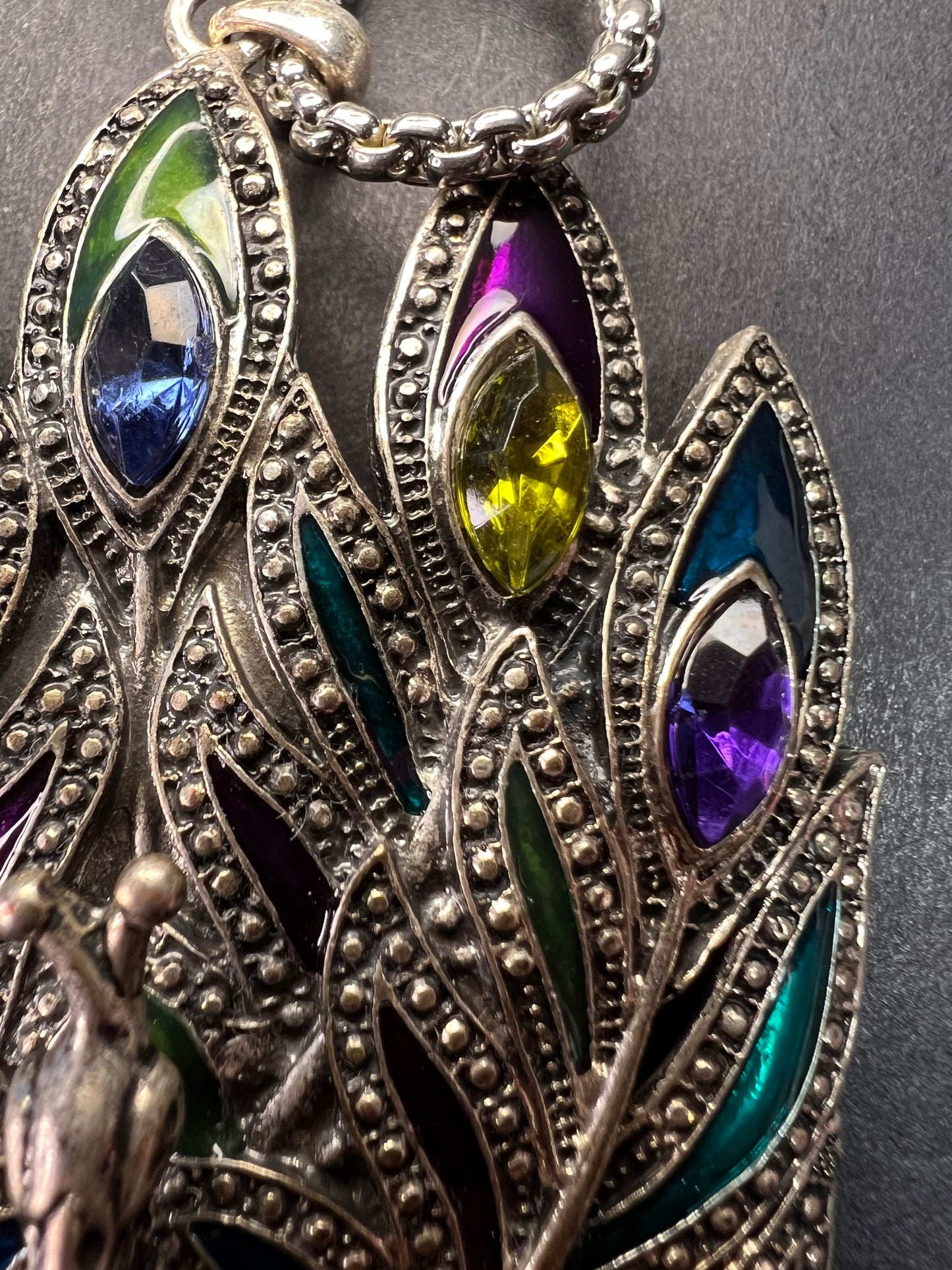Vintage enameled and jeweled peacock pendant costume jewelry necklace