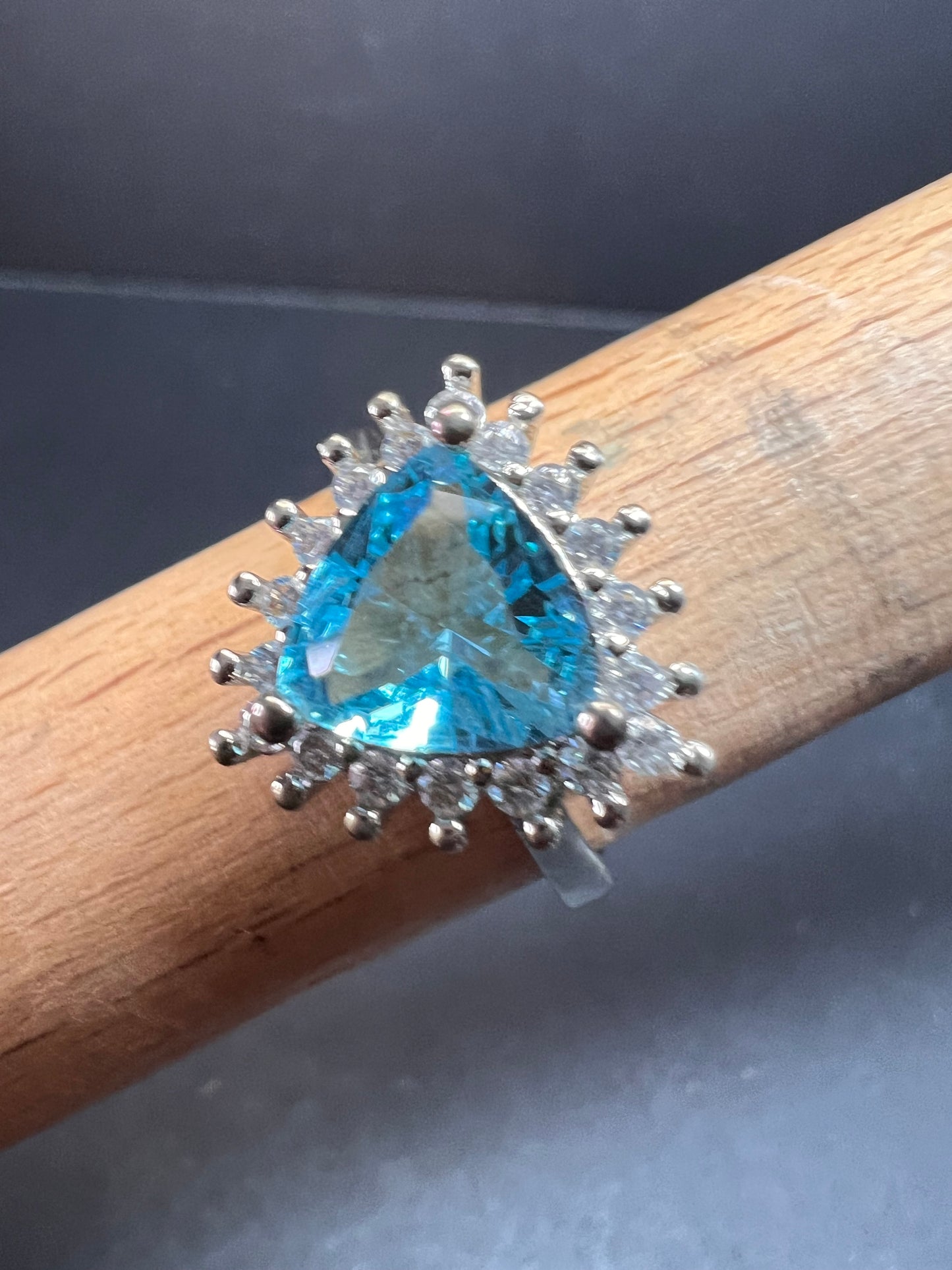 Sky blue trillium CZ halo sterling silver ring size 9