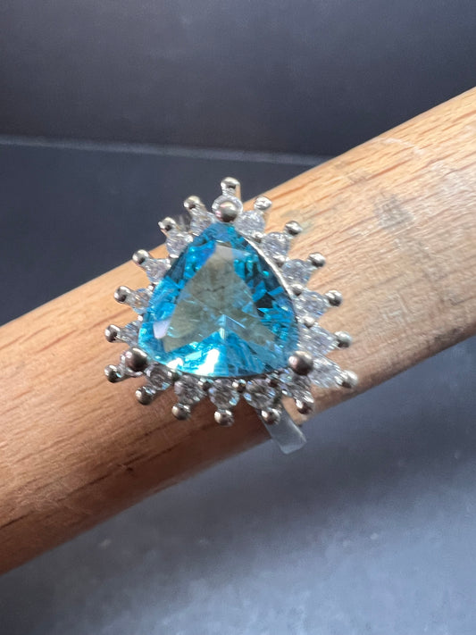 Sky blue trillium CZ halo sterling silver ring size 9