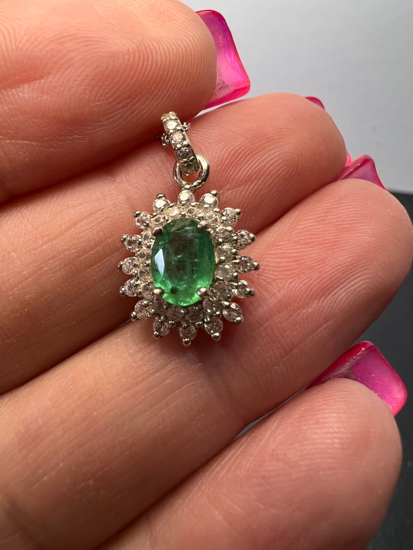 Zambian Emerald and White Zircon Sunburst Pendant Necklace 18 Inches in Platinum Over Sterling Silver 1.50 ctw