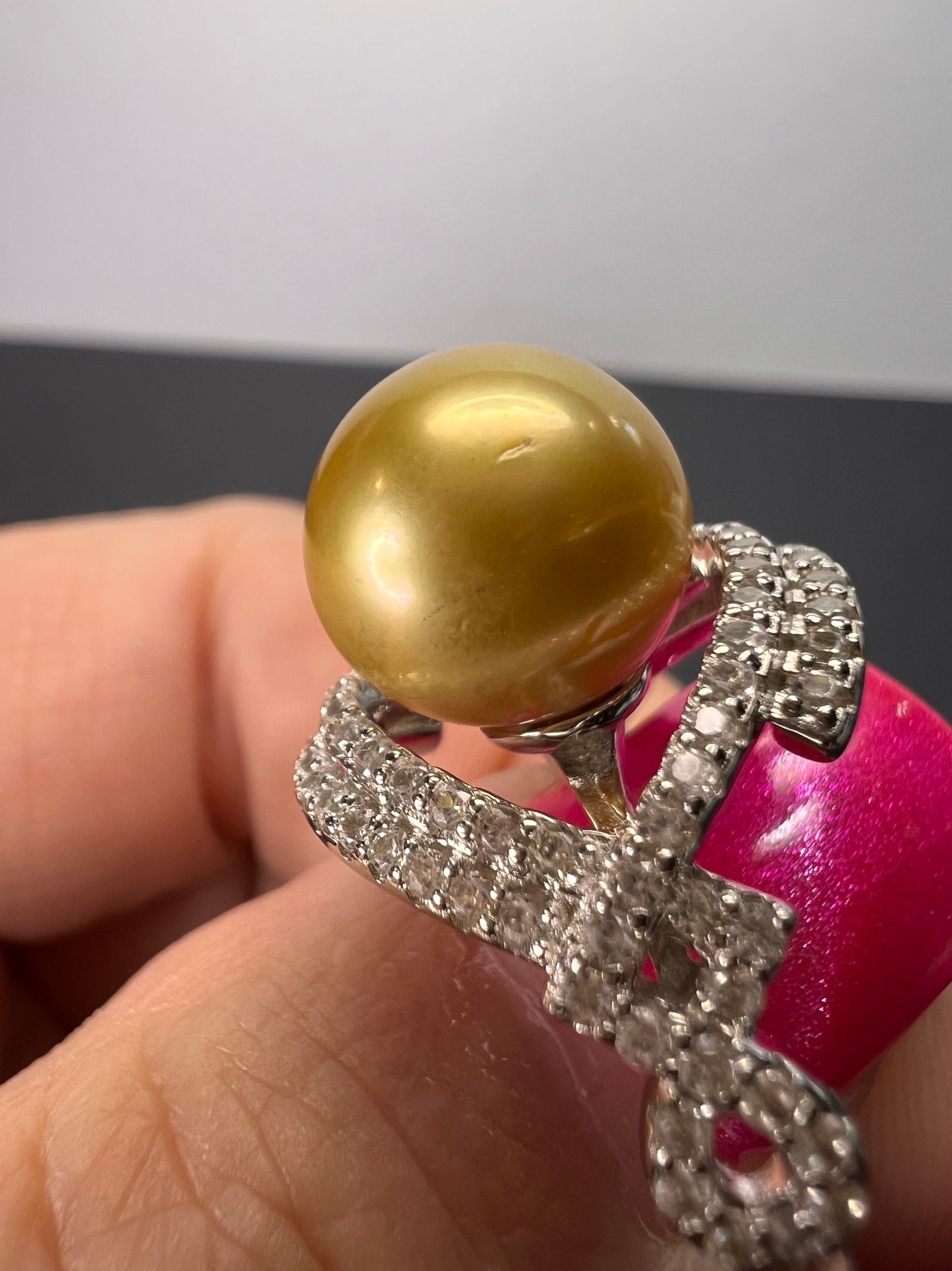 Natural Color Deep Gold 11mm Golden South Sea Cultured Pearl and Zircon ring in rhodium over Sterling silver size 9