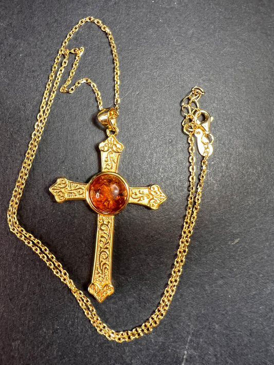 NEW Baltic Amber cross pendant in gold over sterling silver