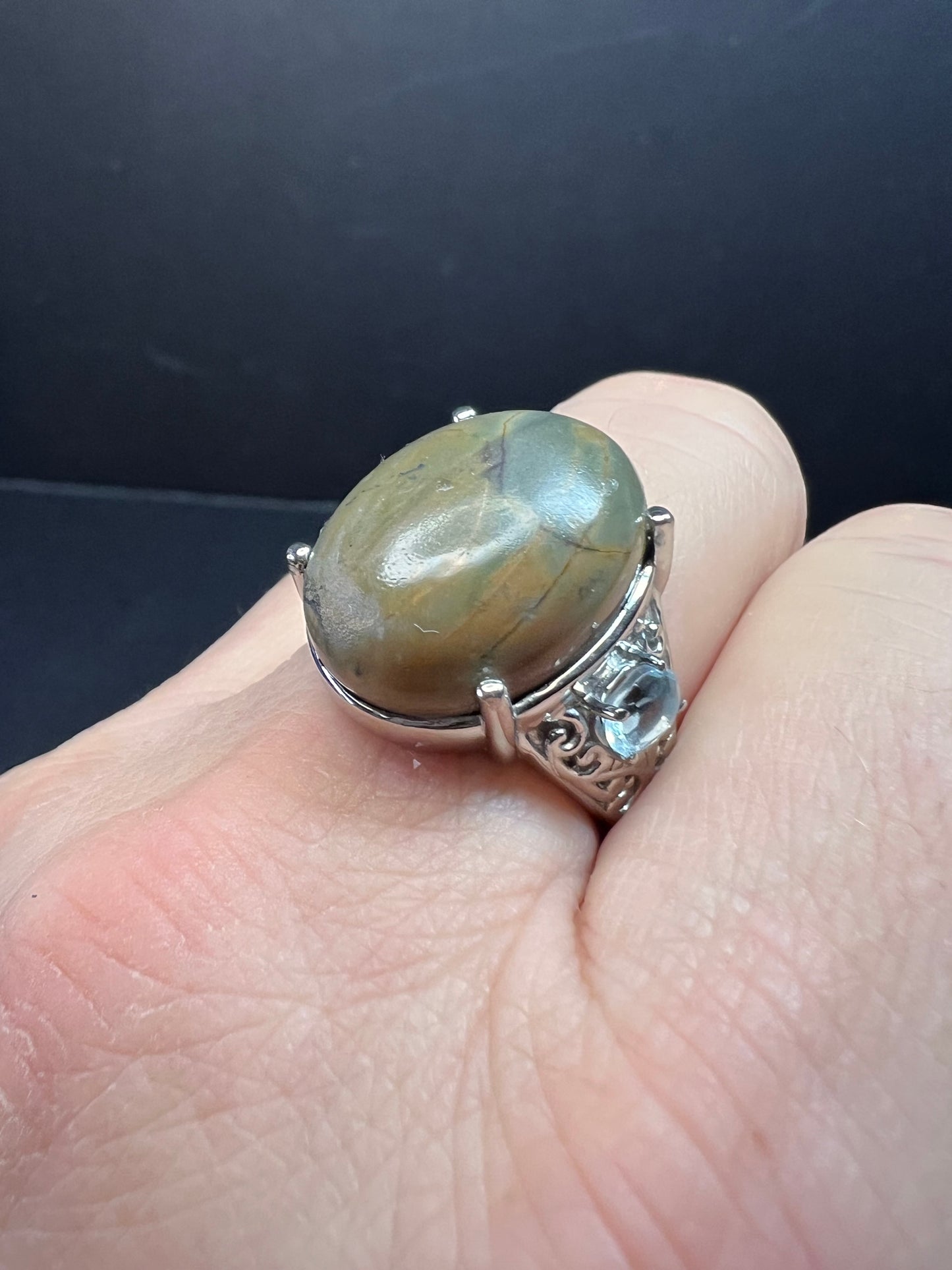 NEW Venus jasper and blue topaz stainless steel ring size 9