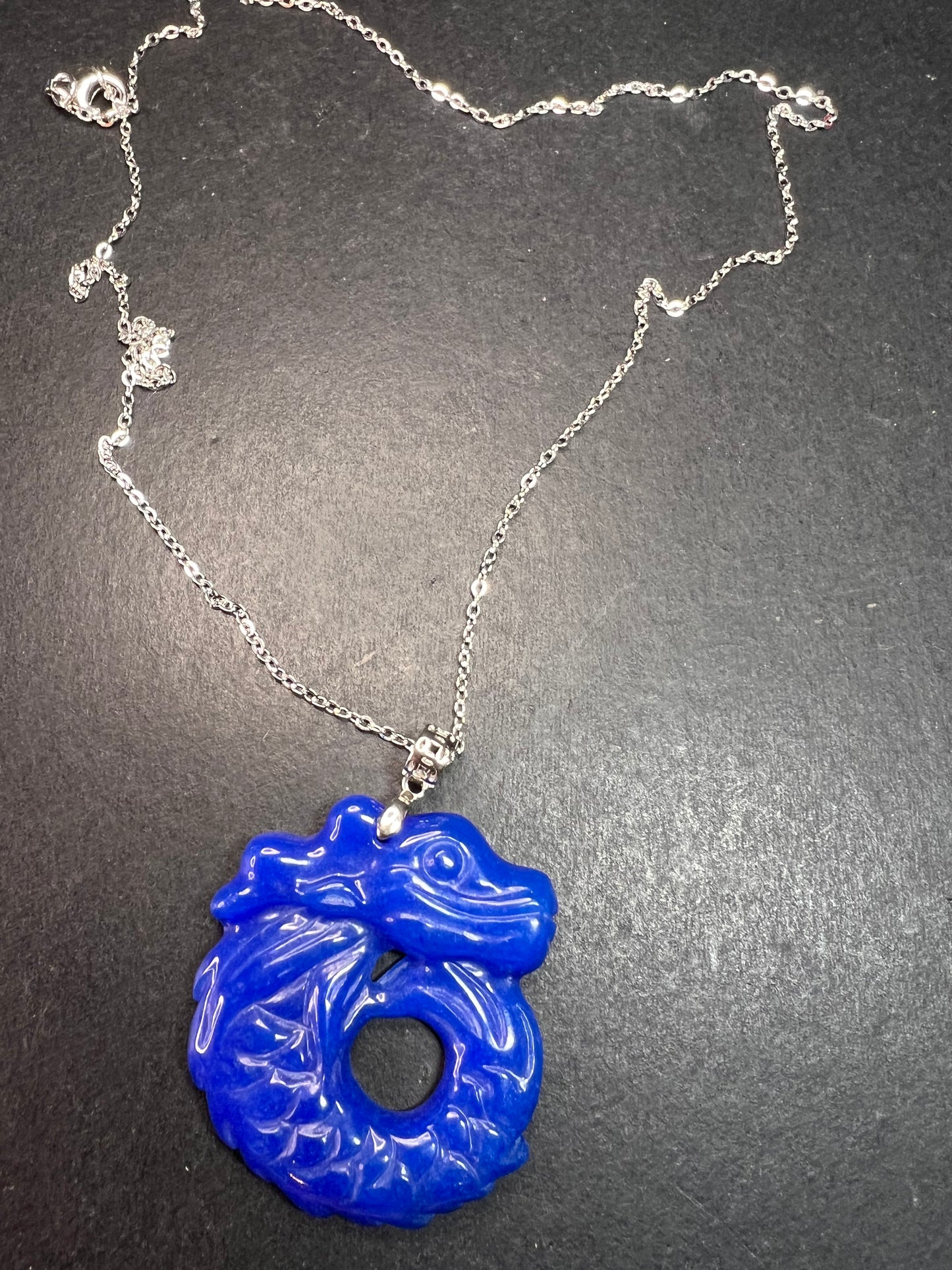 NEW Blue Jade dragon sterling silver pendant and chain