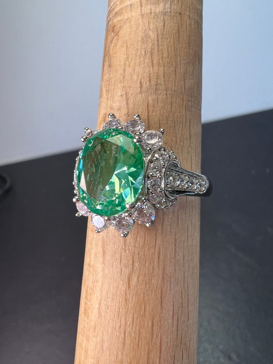 Green lab spinel and CZ sterling silver ring size 9