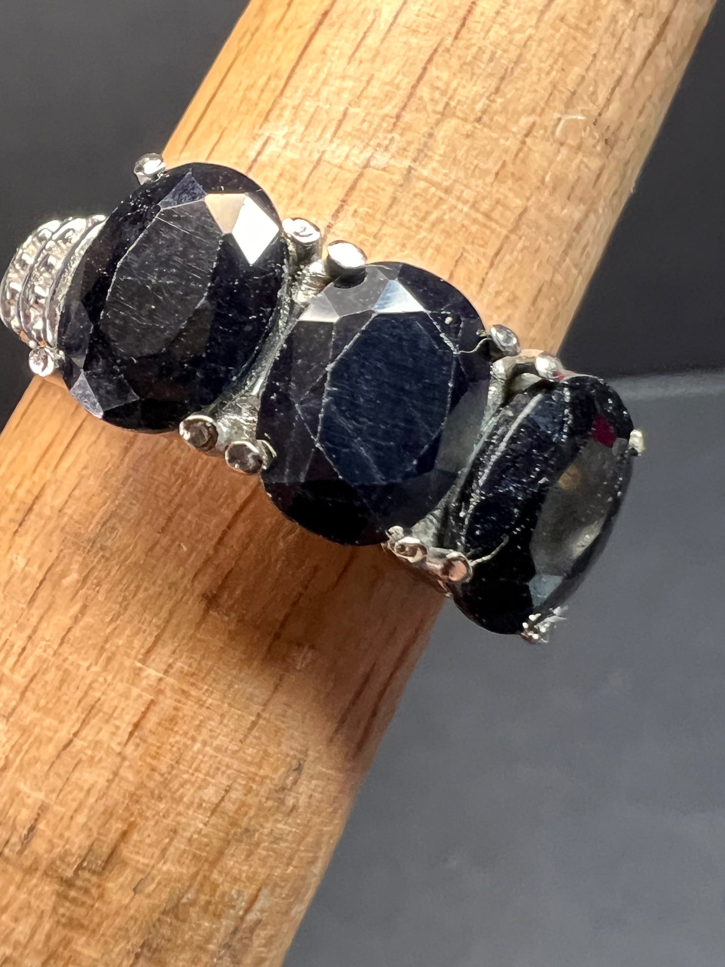 NEW midnight sapphire three stone ring in stainless steel size 7