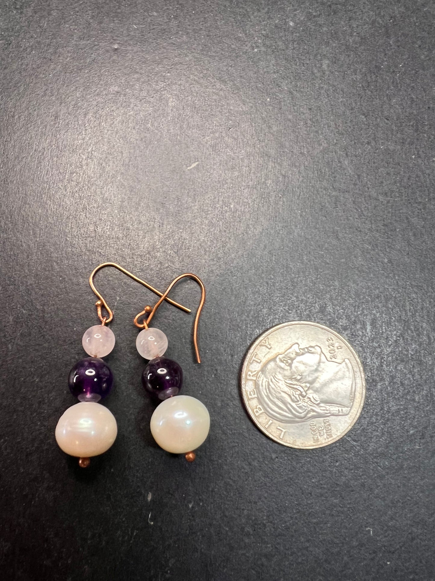 Pearl, amethyst and rose quartz dangle earrings in copper