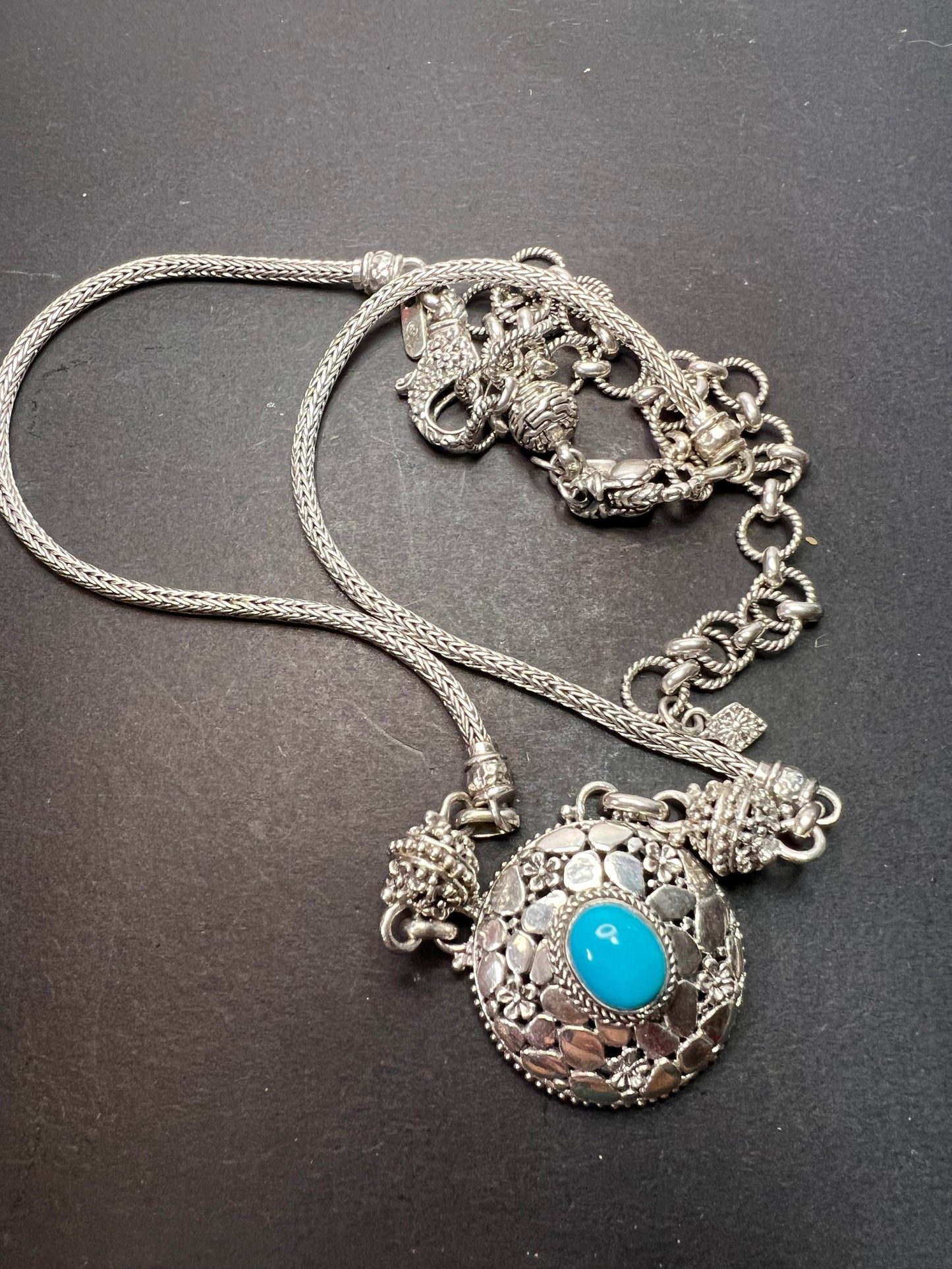 Sarda vintage turquoise Sterling silver Byzantine station 2 clasp adjustable necklace 16-25 inches