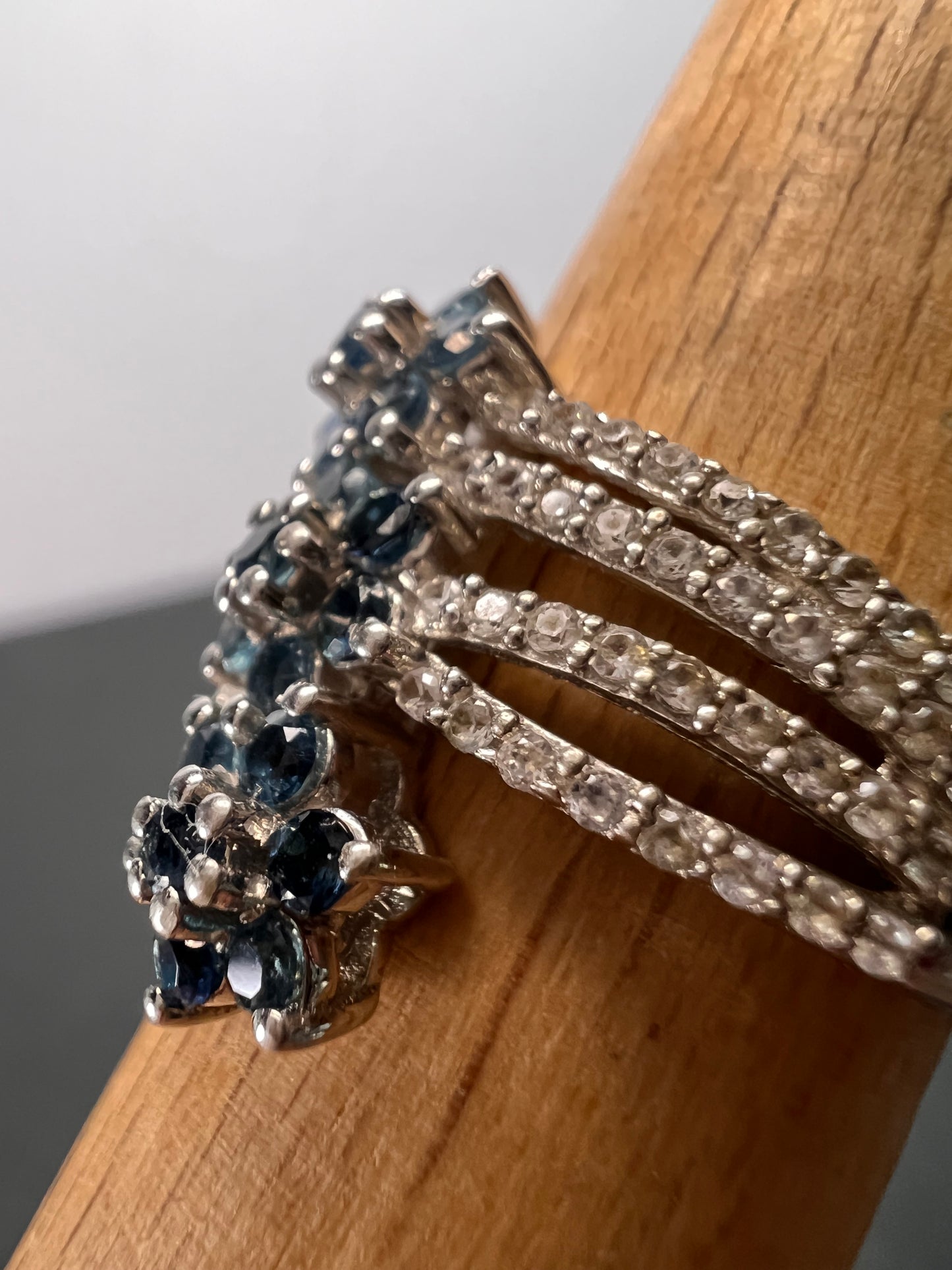 Blue tourmaline and zircon bypass ring in sterling silver size 9