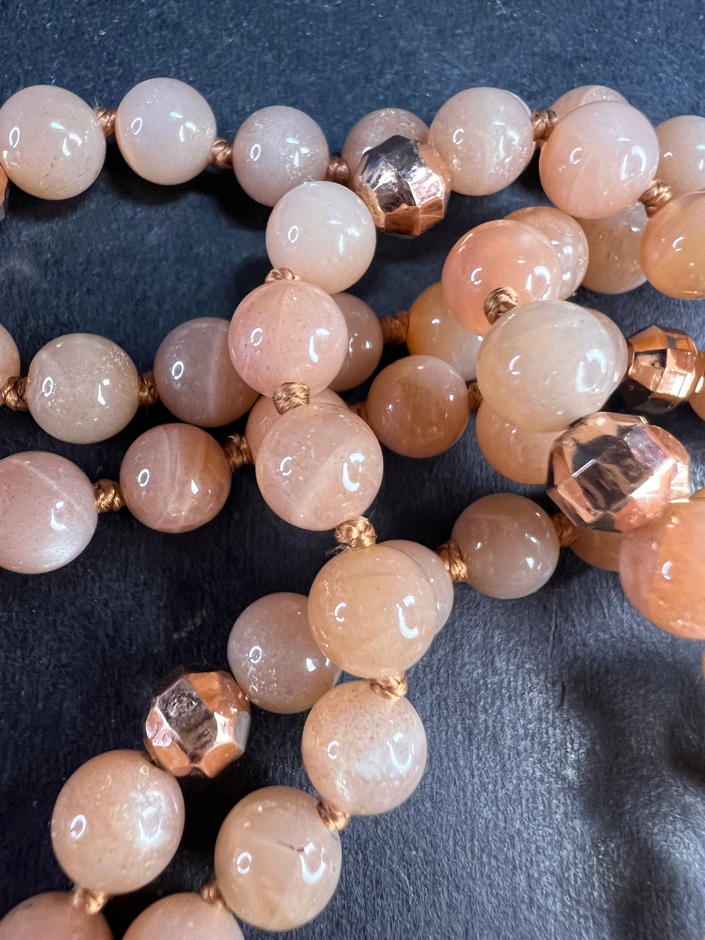 NEW Peach moonstone 30 inch knotted necklace with rose gold over bronze