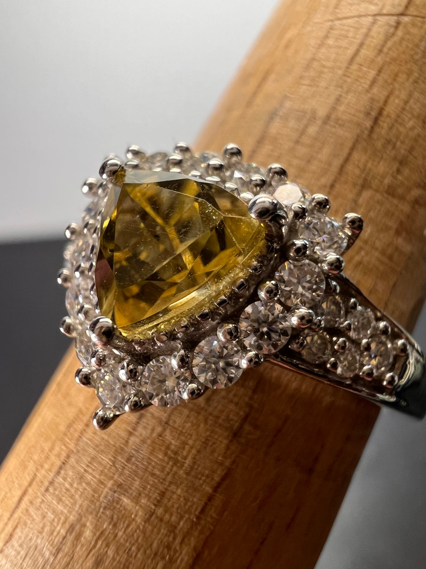 NEW yellow beryl and moissanite halo ring in platinum over sterling silver-size 7