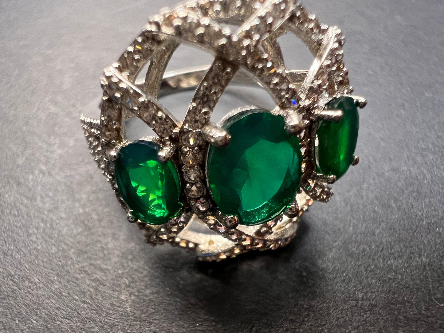 Synthetic emerald CZ sterling silver cocktail ring size 9
