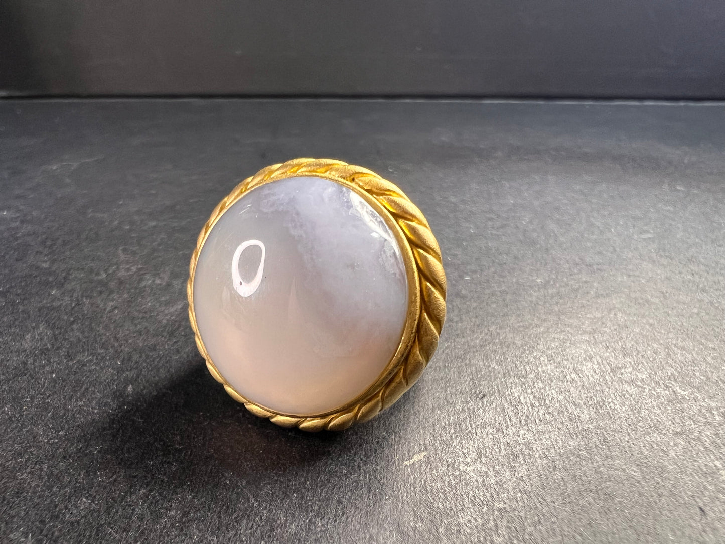 Glow By Sheila Fajl Signed Blue Agate Ring brushed 18kt Plated size 7