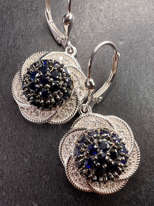 NEW blue sapphire and zircon galaxy halo earrings in rhodium over sterling silver