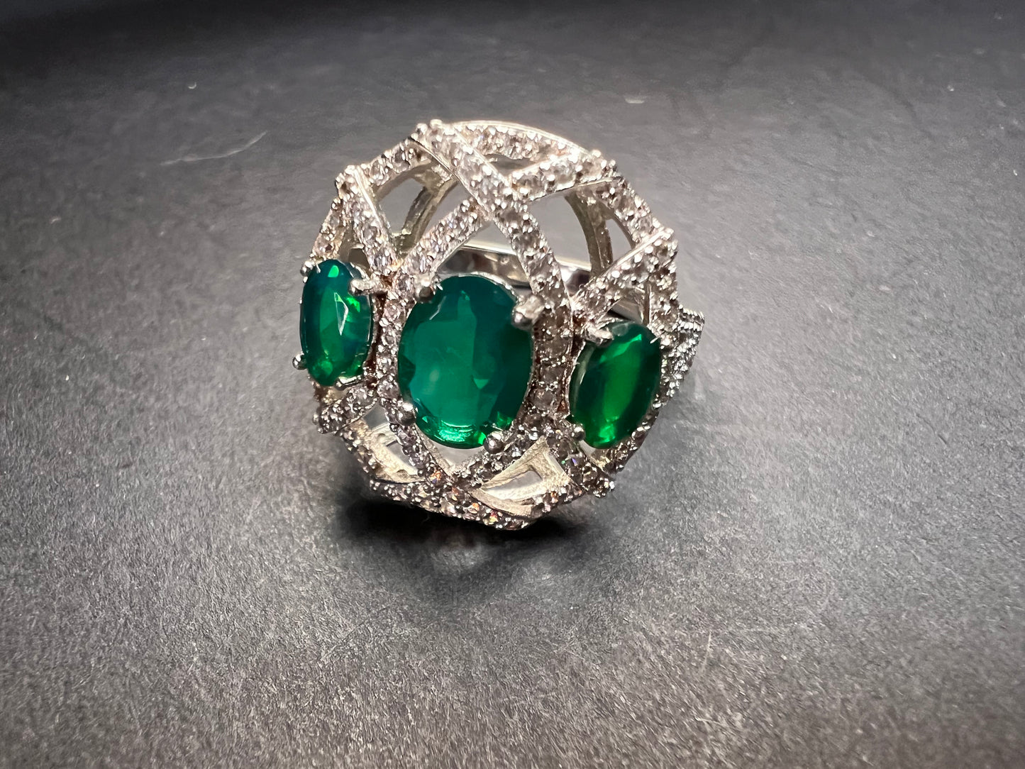 Synthetic emerald CZ sterling silver cocktail ring size 9