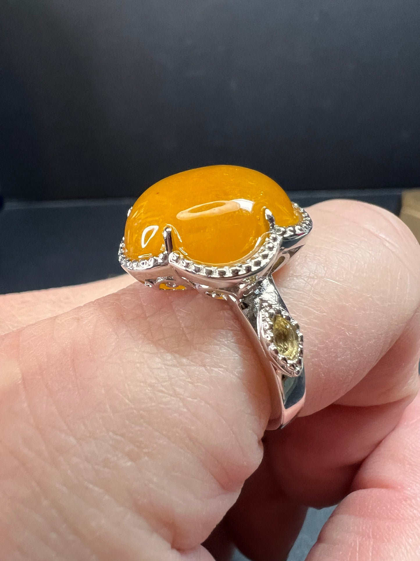 NEW Yellow Jade cherry blossom ring in sterling silver size 9