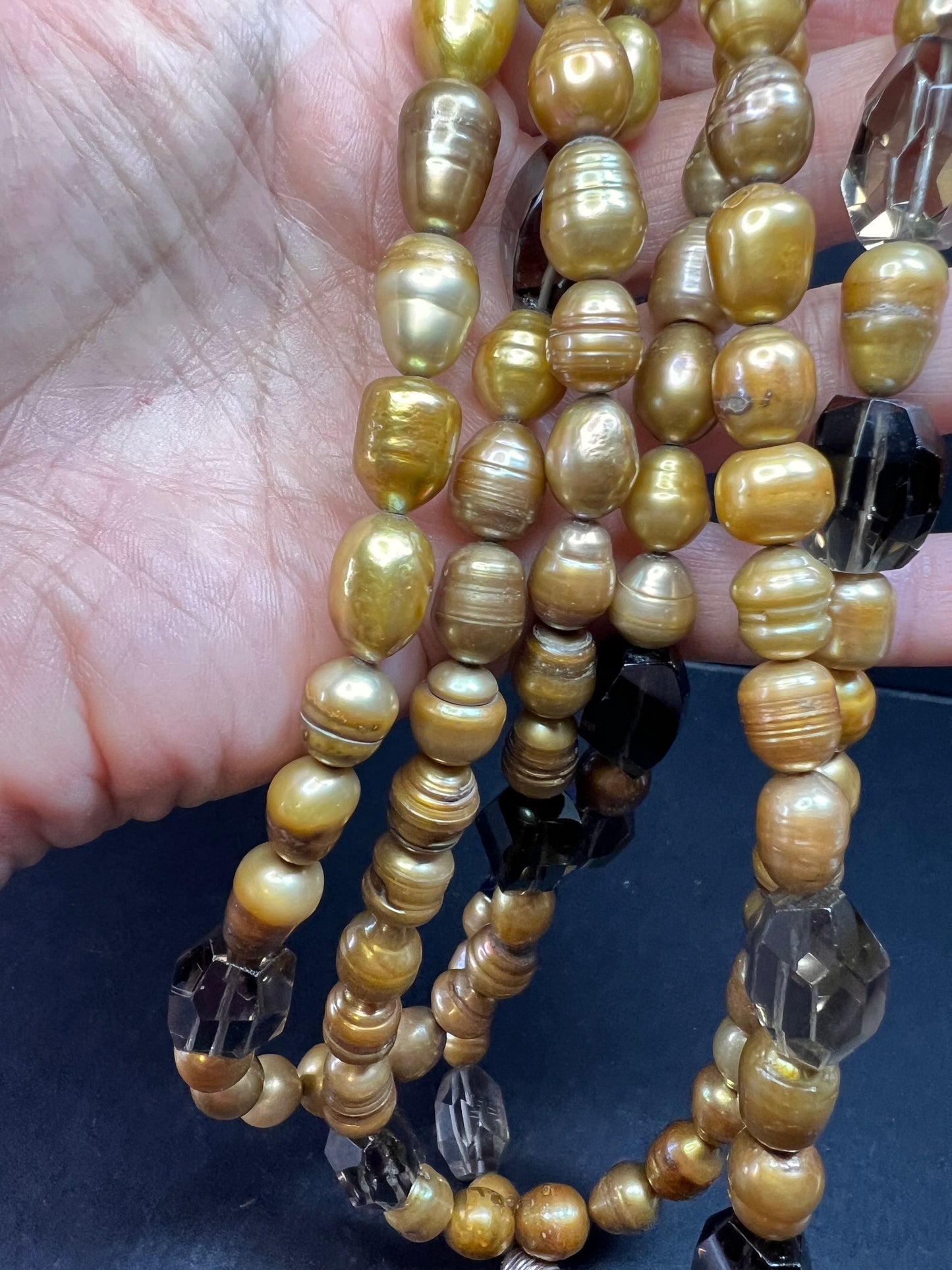 NEW smoky quartz and pearl multi strand necklace with sterling silver clasp