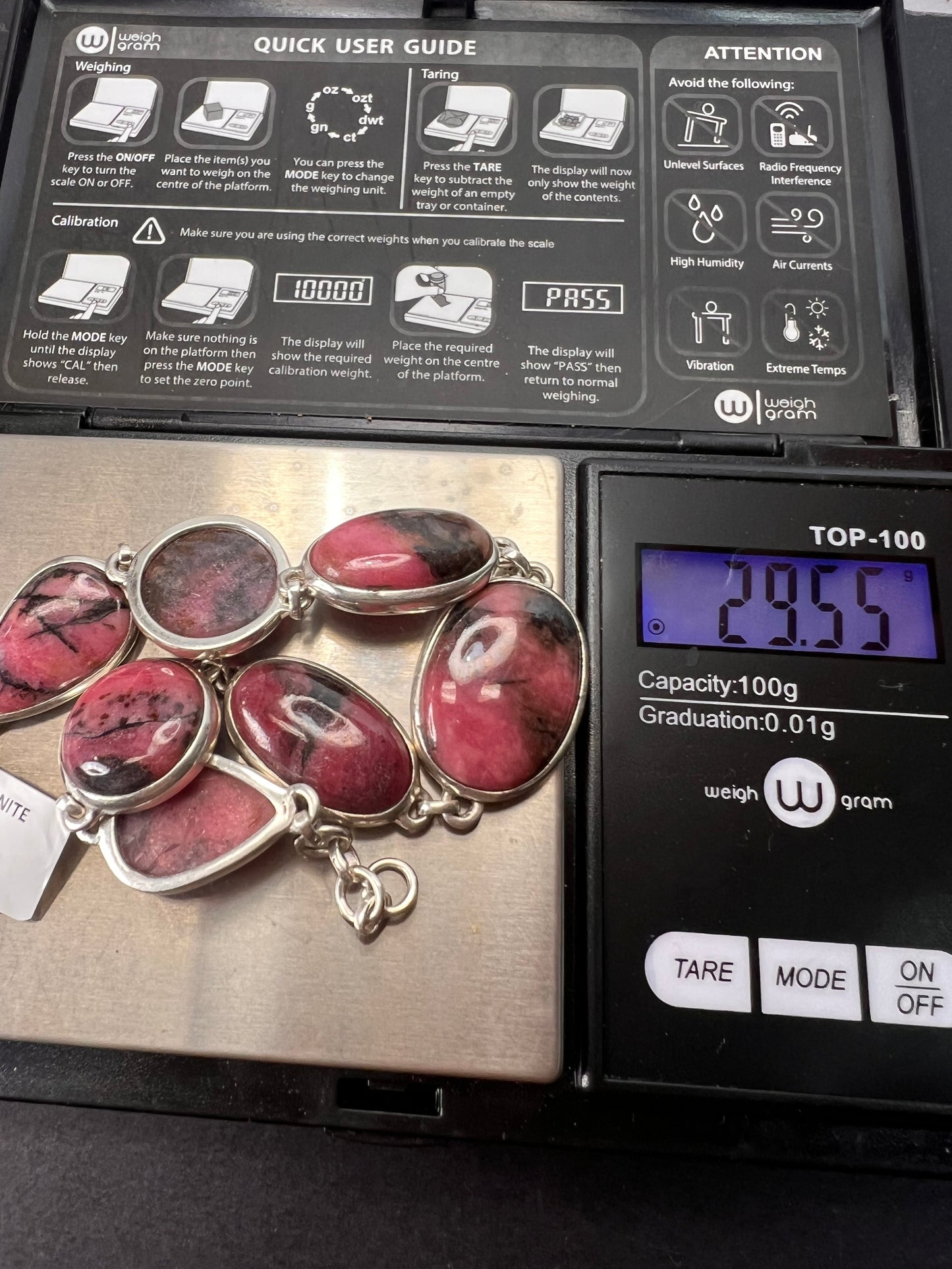 New Rhodonite free form sterling silver link bracelet 8-8.5 inch